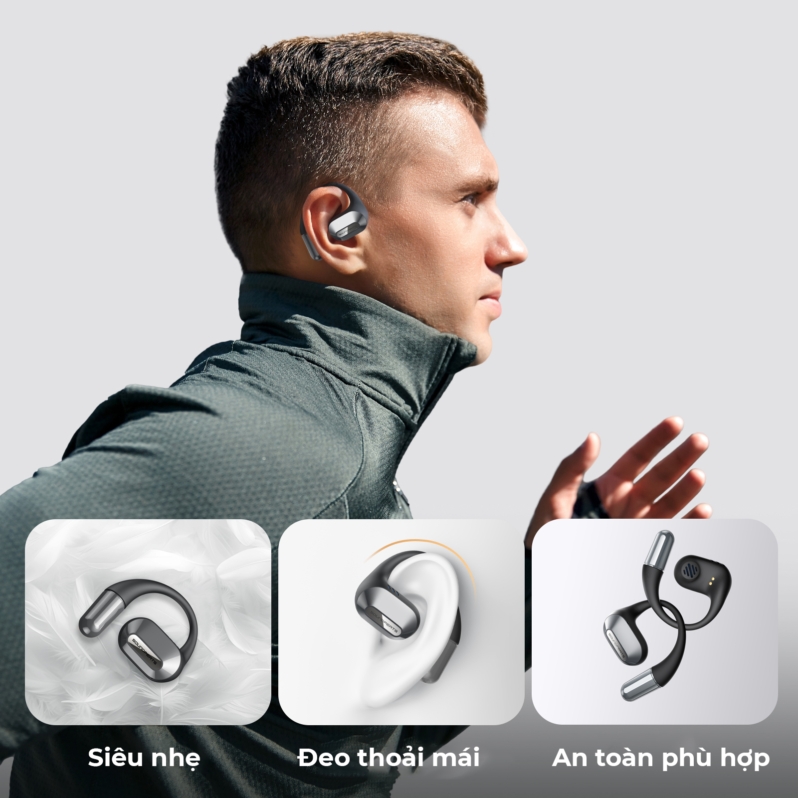 Tai nghe Bluetooth thể thao SoundPEATS HearFit, Open-Ear, Driver 15mm, Bluetooth 5.3, Pin 22H, IPX5, ENC - Tai nghe <strong>SoundPEATS HearFit</strong> với công nghệ <strong>SoundPEATS HearFit,</strong> thiết kế Open-Ear, driver 15mm, âm thanh định hướng, Bluetooth 5.3, độ trễ 70ms. Pin 6.5H (tai nghe), 22H (với hộp sạc), sạc nhanh USB-C. IPX5 chống nước, 4 mic ENC, hỗ trợ app PeatsAudio với 9 EQ. Trọng lượng 9.4g mỗi tai, lý tưởng cho thể thao, du lịch. Bảo hành 12 tháng.