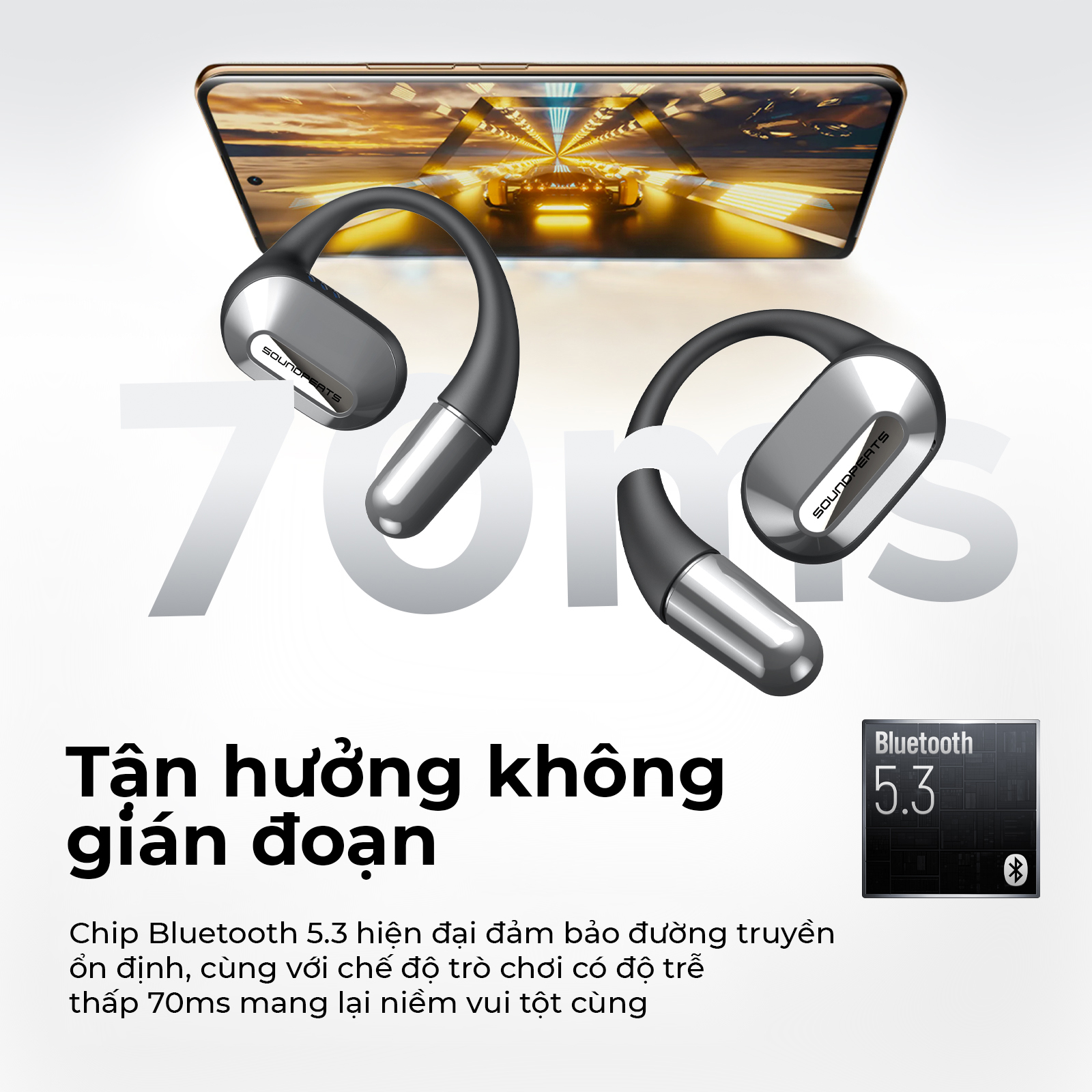 Tai nghe Bluetooth thể thao SoundPEATS HearFit, Open-Ear, Driver 15mm, Bluetooth 5.3, Pin 22H, IPX5, ENC - Tai nghe <strong>SoundPEATS HearFit</strong> với công nghệ <strong>SoundPEATS HearFit,</strong> thiết kế Open-Ear, driver 15mm, âm thanh định hướng, Bluetooth 5.3, độ trễ 70ms. Pin 6.5H (tai nghe), 22H (với hộp sạc), sạc nhanh USB-C. IPX5 chống nước, 4 mic ENC, hỗ trợ app PeatsAudio với 9 EQ. Trọng lượng 9.4g mỗi tai, lý tưởng cho thể thao, du lịch. Bảo hành 12 tháng.