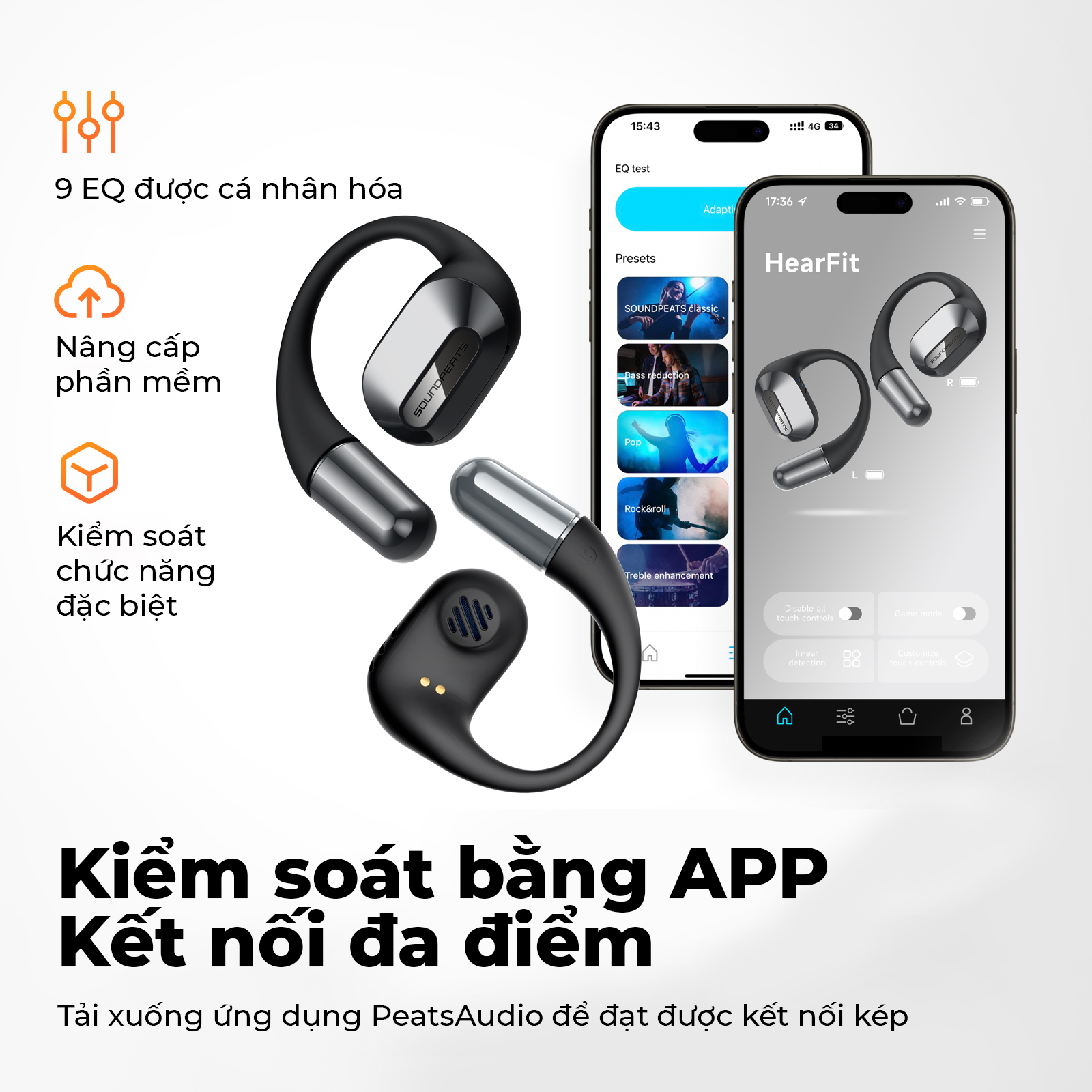 Tai nghe Bluetooth thể thao SoundPEATS HearFit, Open-Ear, Driver 15mm, Bluetooth 5.3, Pin 22H, IPX5, ENC - Tai nghe <strong>SoundPEATS HearFit</strong> với công nghệ <strong>SoundPEATS HearFit,</strong> thiết kế Open-Ear, driver 15mm, âm thanh định hướng, Bluetooth 5.3, độ trễ 70ms. Pin 6.5H (tai nghe), 22H (với hộp sạc), sạc nhanh USB-C. IPX5 chống nước, 4 mic ENC, hỗ trợ app PeatsAudio với 9 EQ. Trọng lượng 9.4g mỗi tai, lý tưởng cho thể thao, du lịch. Bảo hành 12 tháng.