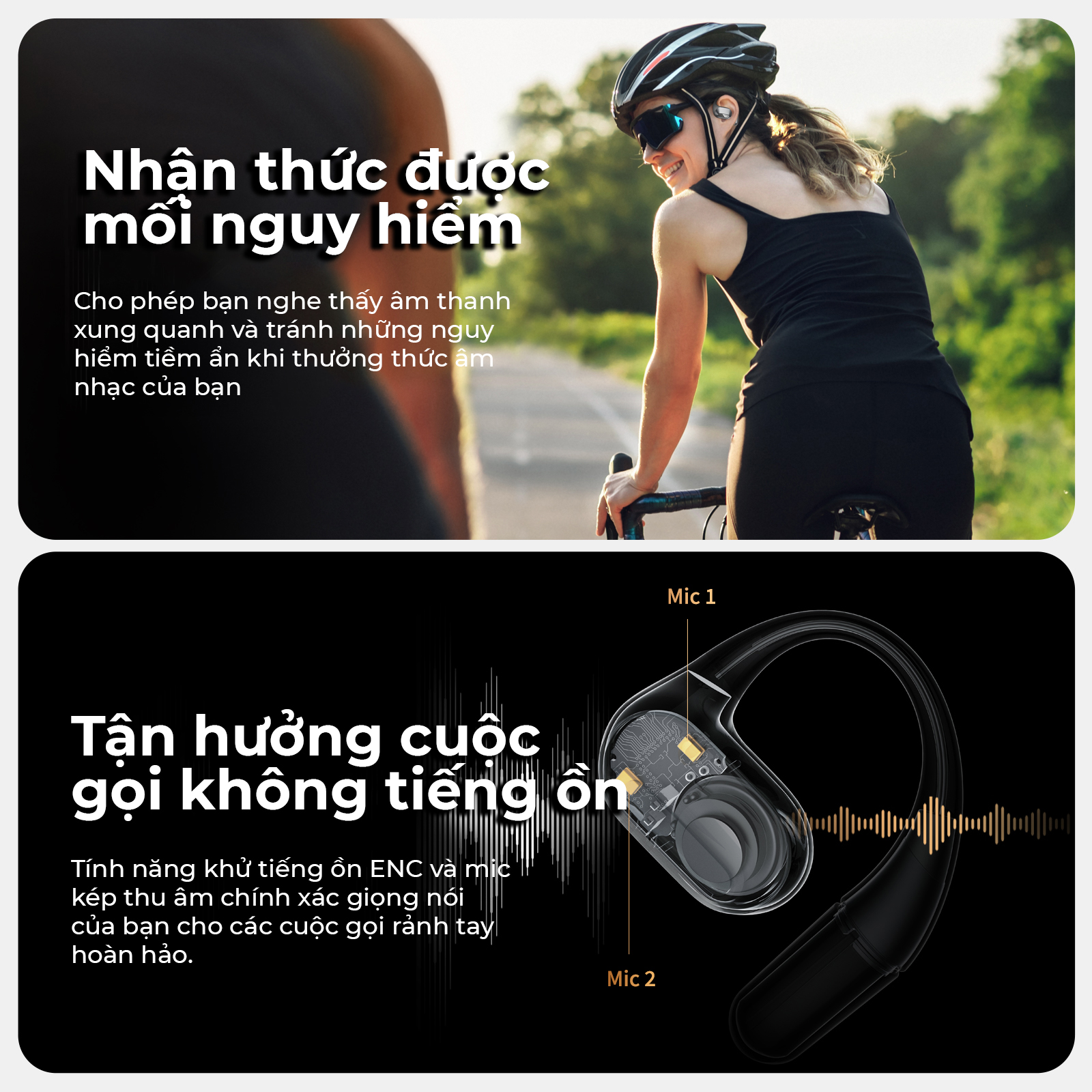 Tai nghe Bluetooth thể thao SoundPEATS HearFit, Open-Ear, Driver 15mm, Bluetooth 5.3, Pin 22H, IPX5, ENC - Tai nghe <strong>SoundPEATS HearFit</strong> với công nghệ <strong>SoundPEATS HearFit,</strong> thiết kế Open-Ear, driver 15mm, âm thanh định hướng, Bluetooth 5.3, độ trễ 70ms. Pin 6.5H (tai nghe), 22H (với hộp sạc), sạc nhanh USB-C. IPX5 chống nước, 4 mic ENC, hỗ trợ app PeatsAudio với 9 EQ. Trọng lượng 9.4g mỗi tai, lý tưởng cho thể thao, du lịch. Bảo hành 12 tháng.