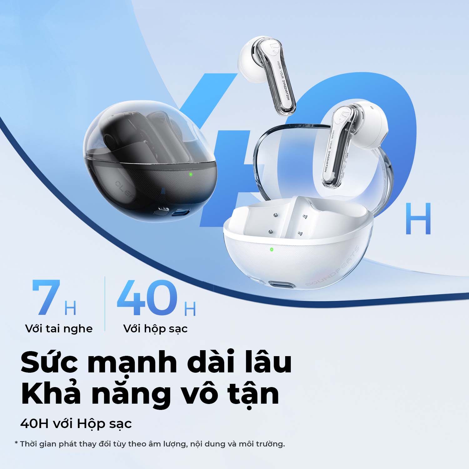 Tai nghe Bluetooth SoundPEATS Clear-Pods, Driver 13mm, ENC, Pin 40H, Bluetooth 5.3, Game Mode, IPX4 - Tai nghe <strong>Bluetooth SoundPEATS Clear-Pods</strong> driver 13mm, âm thanh nổi, ENC với 2 mic cho cuộc gọi rõ nét. Pin 7H (tai nghe), 40H (với hộp sạc), sạc nhanh USB-C. Thiết kế trong suốt, IPX4 chống nước, Bluetooth 5.3, Game Mode 120ms. Tùy chỉnh EQ qua app PeatsAudio. Bảo hành 12 tháng, lý tưởng nghe nhạc, chơi game.