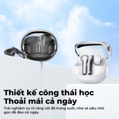 Tai nghe Bluetooth SoundPEATS Clear-Pods, Driver 13mm, ENC, Pin 40H, Bluetooth 5.3, Game Mode, IPX4 - Tai nghe <strong>Bluetooth SoundPEATS Clear-Pods</strong> driver 13mm, âm thanh nổi, ENC với 2 mic cho cuộc gọi rõ nét. Pin 7H (tai nghe), 40H (với hộp sạc), sạc nhanh USB-C. Thiết kế trong suốt, IPX4 chống nước, Bluetooth 5.3, Game Mode 120ms. Tùy chỉnh EQ qua app PeatsAudio. Bảo hành 12 tháng, lý tưởng nghe nhạc, chơi game.