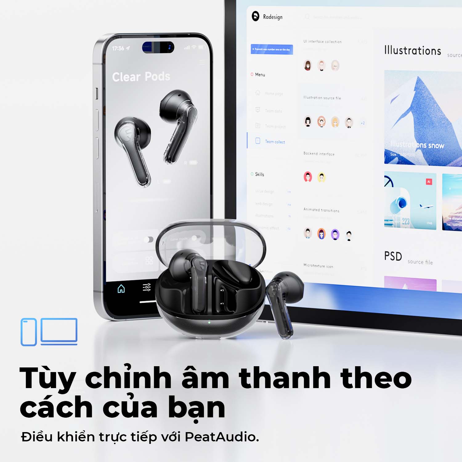 Tai nghe Bluetooth SoundPEATS Clear-Pods, Driver 13mm, ENC, Pin 40H, Bluetooth 5.3, Game Mode, IPX4 - Tai nghe <strong>Bluetooth SoundPEATS Clear-Pods</strong> driver 13mm, âm thanh nổi, ENC với 2 mic cho cuộc gọi rõ nét. Pin 7H (tai nghe), 40H (với hộp sạc), sạc nhanh USB-C. Thiết kế trong suốt, IPX4 chống nước, Bluetooth 5.3, Game Mode 120ms. Tùy chỉnh EQ qua app PeatsAudio. Bảo hành 12 tháng, lý tưởng nghe nhạc, chơi game.