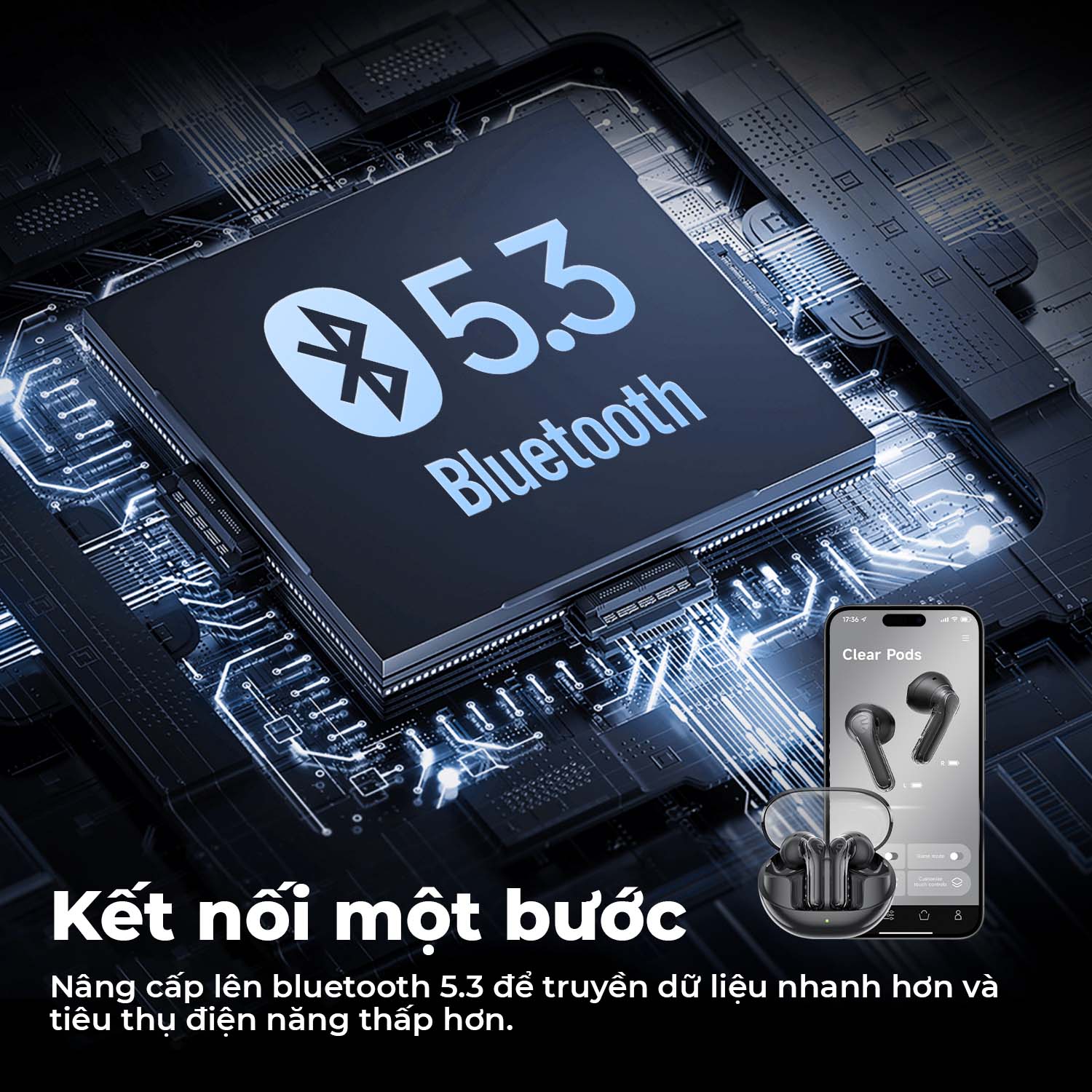 Tai nghe Bluetooth SoundPEATS Clear-Pods, Driver 13mm, ENC, Pin 40H, Bluetooth 5.3, Game Mode, IPX4 - Tai nghe <strong>Bluetooth SoundPEATS Clear-Pods</strong> driver 13mm, âm thanh nổi, ENC với 2 mic cho cuộc gọi rõ nét. Pin 7H (tai nghe), 40H (với hộp sạc), sạc nhanh USB-C. Thiết kế trong suốt, IPX4 chống nước, Bluetooth 5.3, Game Mode 120ms. Tùy chỉnh EQ qua app PeatsAudio. Bảo hành 12 tháng, lý tưởng nghe nhạc, chơi game.