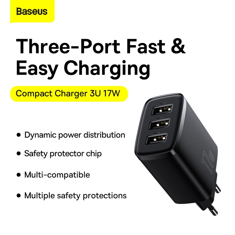 Củ sạc hiệu Baseus Compact 3U 17W EU - Giải phóng không gian ổ cắm của bạn với củ sạc <strong>Baseus Compact 3U 17W EU</strong>. Với thiết kế siêu nhỏ gọn và 3 cổng USB tiện lợi, đây là giải pháp sạc "tất cả trong một" cho mọi nhu cầu hàng ngày của bạn. Tổng công suất 17W được phân bổ thông minh, với mỗi cổng có thể cung cấp dòng sạc lên đến 2.4A, giúp nạp năng lượng nhanh chóng và hiệu quả cho điện thoại, máy tính bảng, tai nghe và nhiều thiết bị khác. Chip xử lý thông minh tích hợp đảm bảo sạc an toàn, bảo vệ thiết bị của bạn khỏi các nguy cơ quá dòng, quá nhiệt. <strong>Baseus Compact 3U 17W EU</strong> là sự lựa chọn hoàn hảo cho gia đình, du lịch và một góc làm việc gọn gàng, hiệu quả.