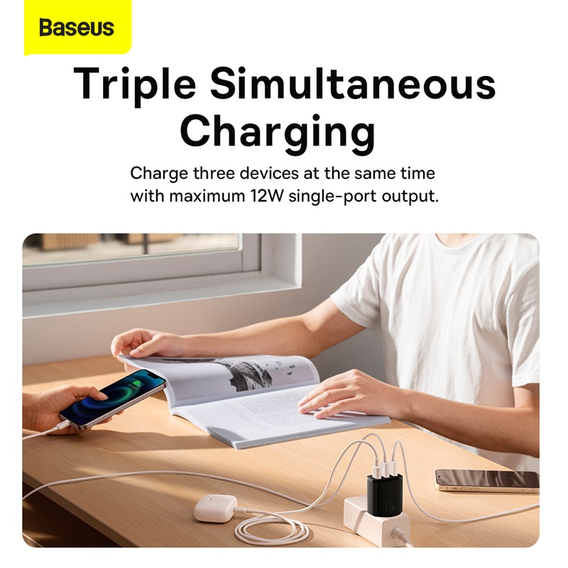 Củ sạc hiệu Baseus Compact 3U 17W EU - Giải phóng không gian ổ cắm của bạn với củ sạc <strong>Baseus Compact 3U 17W EU</strong>. Với thiết kế siêu nhỏ gọn và 3 cổng USB tiện lợi, đây là giải pháp sạc "tất cả trong một" cho mọi nhu cầu hàng ngày của bạn. Tổng công suất 17W được phân bổ thông minh, với mỗi cổng có thể cung cấp dòng sạc lên đến 2.4A, giúp nạp năng lượng nhanh chóng và hiệu quả cho điện thoại, máy tính bảng, tai nghe và nhiều thiết bị khác. Chip xử lý thông minh tích hợp đảm bảo sạc an toàn, bảo vệ thiết bị của bạn khỏi các nguy cơ quá dòng, quá nhiệt. <strong>Baseus Compact 3U 17W EU</strong> là sự lựa chọn hoàn hảo cho gia đình, du lịch và một góc làm việc gọn gàng, hiệu quả.