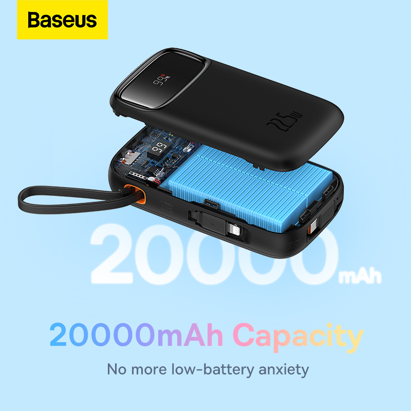 Sạc dự phòng hiệu Baseus Qpow2 Dual-Cable Digital Display Fast Charge 20000mAh 22.5W - Chấm dứt nỗi lo quên dây sạc với pin sạc dự phòng <strong>Baseus Qpow2</strong>! Đây là giải pháp năng lượng tối thượng với 2 cáp sạc (1 Type-C & 1 Lightning) được tích hợp sẵn, gọn gàng ngay trên thân pin. Với công suất sạc nhanh 22.5W, sản phẩm hỗ trợ đa giao thức từ Huawei SCP đến PD 20W, giúp sạc 60% pin cho iPhone chỉ trong 30 phút. Dung lượng khủng 20000mAh đảm bảo năng lượng cho nhiều ngày, trong khi màn hình LED kỹ thuật số hiển thị chính xác % pin còn lại. Đặc biệt, <strong>Baseus Qpow2</strong> có khả năng sạc cùng lúc cho 4 thiết bị, biến nó thành một trạm năng lượng di động thực thụ. Đây là sự lựa chọn hoàn hảo cho người dùng tìm kiếm sự tiện lợi và sức mạnh tối đa.