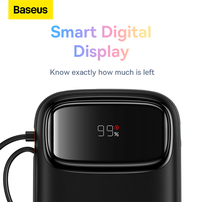 Sạc dự phòng hiệu Baseus Qpow2 Dual-Cable Digital Display Fast Charge 20000mAh 22.5W - Chấm dứt nỗi lo quên dây sạc với pin sạc dự phòng <strong>Baseus Qpow2</strong>! Đây là giải pháp năng lượng tối thượng với 2 cáp sạc (1 Type-C & 1 Lightning) được tích hợp sẵn, gọn gàng ngay trên thân pin. Với công suất sạc nhanh 22.5W, sản phẩm hỗ trợ đa giao thức từ Huawei SCP đến PD 20W, giúp sạc 60% pin cho iPhone chỉ trong 30 phút. Dung lượng khủng 20000mAh đảm bảo năng lượng cho nhiều ngày, trong khi màn hình LED kỹ thuật số hiển thị chính xác % pin còn lại. Đặc biệt, <strong>Baseus Qpow2</strong> có khả năng sạc cùng lúc cho 4 thiết bị, biến nó thành một trạm năng lượng di động thực thụ. Đây là sự lựa chọn hoàn hảo cho người dùng tìm kiếm sự tiện lợi và sức mạnh tối đa.