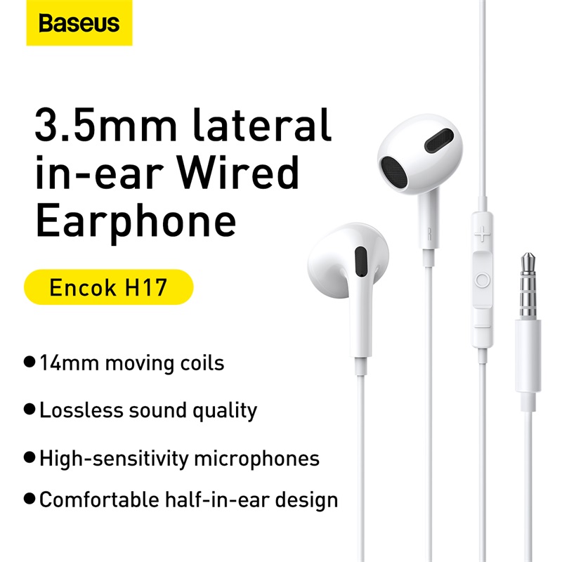 Tai nghe có dây hiệu Baseus Encok 3.5mm lateral in-ear H17 - Trải nghiệm sự thoải mái vượt trội với tai nghe <strong>Baseus Encok 3.5mm lateral in-ear H17</strong>. Thiết kế lateral in-ear với góc nghiêng 108° độc đáo giúp tai nghe nằm gọn trong vành tai một cách tự nhiên, không gây đau hay bí bách như các dòng in-ear truyền thống. Màng loa polymer 14mm kết hợp với khoang âm thanh độc lập mang đến chất âm cân bằng, bass mạnh mẽ và treble trong trẻo. Micro MEMS độ nhạy cao đảm bảo mọi cuộc gọi đều rõ ràng, liền lạc. Tích hợp bộ điều khiển 3 phím tiện lợi, dễ dàng thao tác nhạc và cuộc gọi. <strong>Baseus Encok 3.5mm lateral in-ear H17</strong> là lựa chọn hoàn hảo cho người dùng tìm kiếm sự thoải mái và chất lượng âm thanh ổn định hàng ngày.