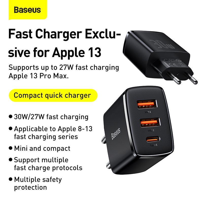 Sạc nhanh hiệu Baseus Compact 2U+C 30W EU - Dọn dẹp bàn làm việc và đơn giản hóa cuộc sống của bạn với củ sạc <strong>Baseus Compact 2U+C 30W EU</strong>. Đây là giải pháp năng lượng "tất cả trong một", với thiết kế siêu nhỏ gọn nhưng lại sở hữu đến 3 cổng sạc tiện lợi: 1 cổng USB-C PD 30W và 2 cổng USB-A. Sản phẩm có khả năng sạc nhanh đồng thời cho cả điện thoại iPhone, Samsung, tai nghe không dây và nhiều thiết bị khác. Công nghệ phân phối dòng điện thông minh BPS đảm bảo sạc nhanh và an toàn cho tất cả các thiết bị được kết nối. Hãy đầu tư vào sự gọn gàng và hiệu suất với củ sạc đa năng <strong>Baseus Compact 2U+C 30W EU</strong>.