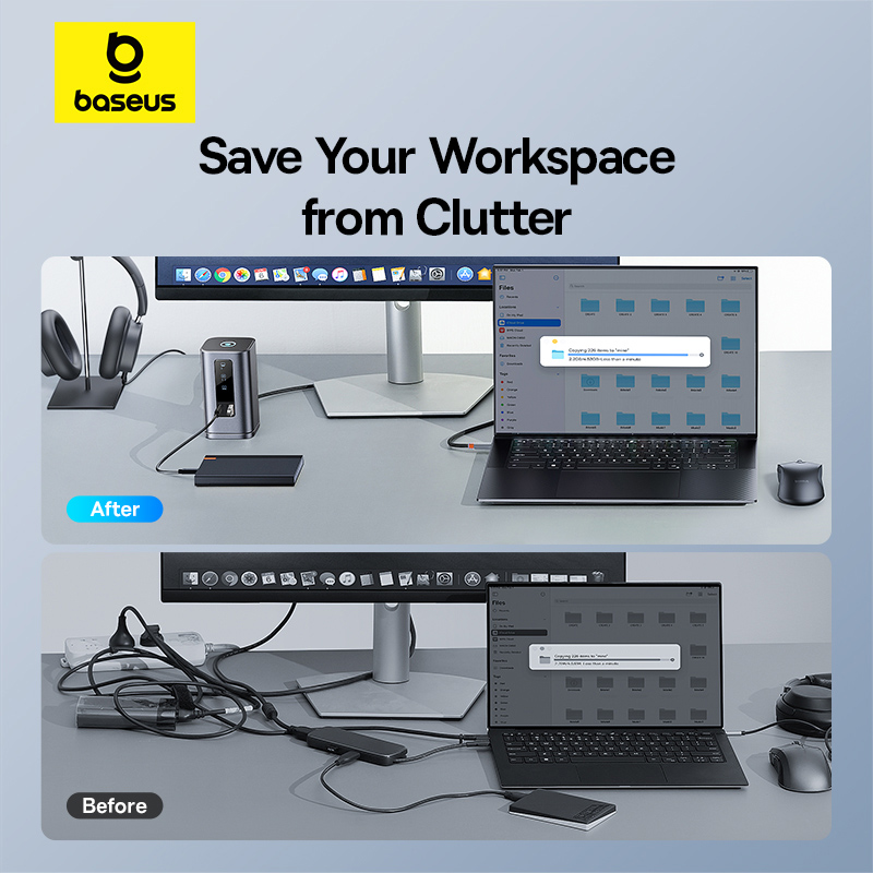 Thiết bị mở rộng hiệu Baseus Spacemate Series 11-in-1 (WIN) - Biến chiếc laptop Windows của bạn thành một trạm làm việc đa năng tối thượng với <strong>Baseus Spacemate Series 11-in-1</strong>. Đây là giải pháp kết nối toàn diện, mở rộng một cổng Type-C thành 11 cổng chức năng mạnh mẽ: 2 cổng HDMI 4K xuất 2 màn hình mở rộng độc lập, 3 cổng USB 3.2 Gen 2 truyền dữ liệu 10Gbps siêu tốc, mạng LAN Gigabit, đầu đọc thẻ SD/TF, jack 3.5mm và sạc PD 100W. Với thiết kế đứng dọc độc đáo, sản phẩm giúp tiết kiệm không gian bàn làm việc và tản nhiệt hiệu quả. Hãy giải phóng tiềm năng của laptop và tối ưu hóa không gian làm việc của bạn với <strong>Baseus Spacemate Series 11-in-1</strong>.