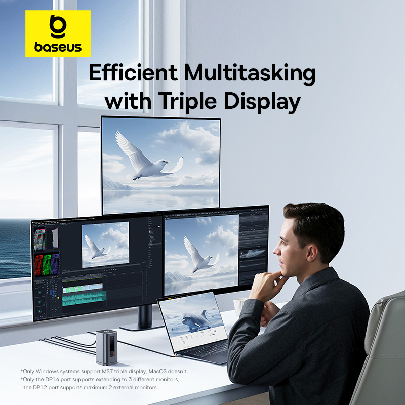 Thiết bị mở rộng hiệu Baseus Spacemate Series 11-in-1 (WIN) - Biến chiếc laptop Windows của bạn thành một trạm làm việc đa năng tối thượng với <strong>Baseus Spacemate Series 11-in-1</strong>. Đây là giải pháp kết nối toàn diện, mở rộng một cổng Type-C thành 11 cổng chức năng mạnh mẽ: 2 cổng HDMI 4K xuất 2 màn hình mở rộng độc lập, 3 cổng USB 3.2 Gen 2 truyền dữ liệu 10Gbps siêu tốc, mạng LAN Gigabit, đầu đọc thẻ SD/TF, jack 3.5mm và sạc PD 100W. Với thiết kế đứng dọc độc đáo, sản phẩm giúp tiết kiệm không gian bàn làm việc và tản nhiệt hiệu quả. Hãy giải phóng tiềm năng của laptop và tối ưu hóa không gian làm việc của bạn với <strong>Baseus Spacemate Series 11-in-1</strong>.