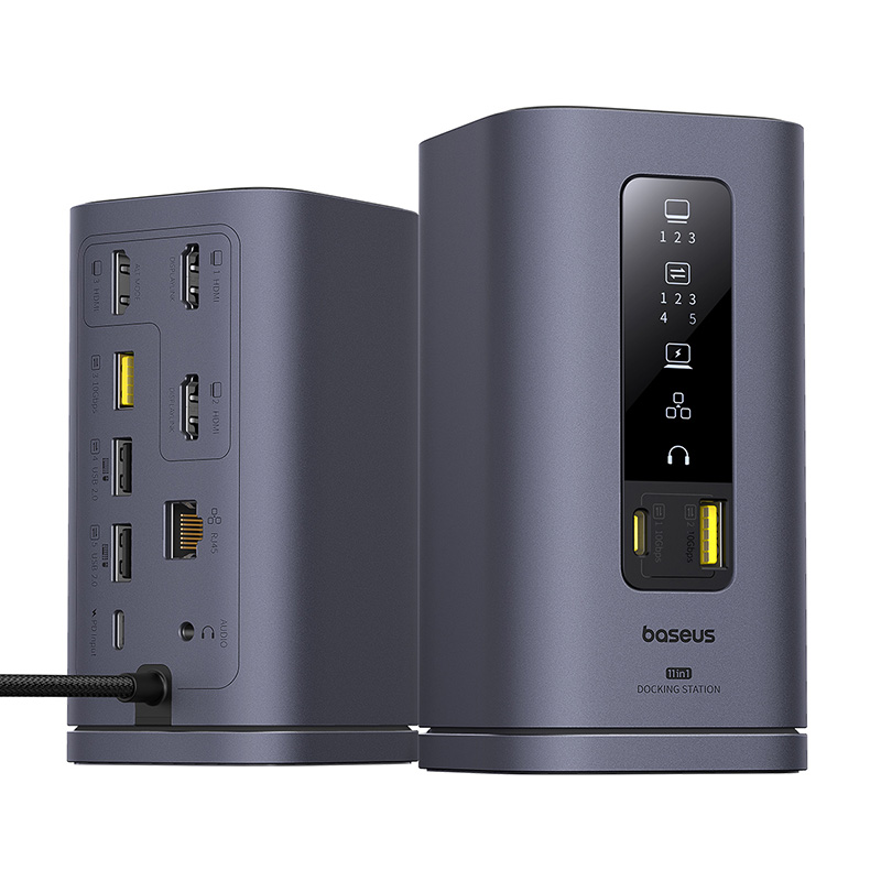 Thiết bị mở rộng hiệu Baseus Spacemate Series 11-in-1 (MAC) - Biến chiếc MacBook của bạn thành một trạm làm việc tối thượng với <strong>Baseus Spacemate Series 11-in-1</strong>. Đây là giải pháp kết nối toàn diện, mở rộng một cổng Type-C thành 11 cổng chức năng mạnh mẽ: 2 cổng HDMI 4K xuất 2 màn hình độc lập, 3 cổng USB 3.2 Gen 2 truyền dữ liệu 10Gbps siêu tốc, mạng LAN Gigabit, đầu đọc thẻ SD/TF, jack 3.5mm và sạc PD 100W. Với thiết kế đứng dọc độc đáo, sản phẩm giúp tiết kiệm không gian bàn làm việc và tản nhiệt hiệu quả. Vỏ nhôm cao cấp, sang trọng, <strong>Baseus Spacemate Series 11-in-1</strong> là trung tâm chỉ huy, giải phóng toàn bộ tiềm năng sáng tạo và hiệu suất làm việc của bạn.