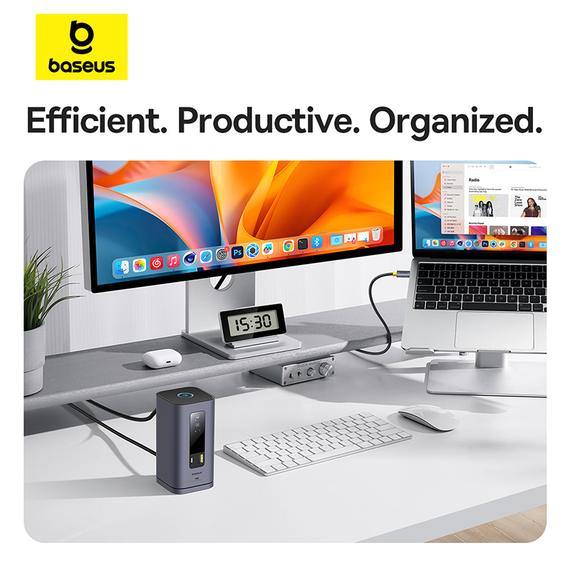 Thiết bị mở rộng hiệu Baseus Spacemate Series 11-in-1 (MAC) - Biến chiếc MacBook của bạn thành một trạm làm việc tối thượng với <strong>Baseus Spacemate Series 11-in-1</strong>. Đây là giải pháp kết nối toàn diện, mở rộng một cổng Type-C thành 11 cổng chức năng mạnh mẽ: 2 cổng HDMI 4K xuất 2 màn hình độc lập, 3 cổng USB 3.2 Gen 2 truyền dữ liệu 10Gbps siêu tốc, mạng LAN Gigabit, đầu đọc thẻ SD/TF, jack 3.5mm và sạc PD 100W. Với thiết kế đứng dọc độc đáo, sản phẩm giúp tiết kiệm không gian bàn làm việc và tản nhiệt hiệu quả. Vỏ nhôm cao cấp, sang trọng, <strong>Baseus Spacemate Series 11-in-1</strong> là trung tâm chỉ huy, giải phóng toàn bộ tiềm năng sáng tạo và hiệu suất làm việc của bạn.