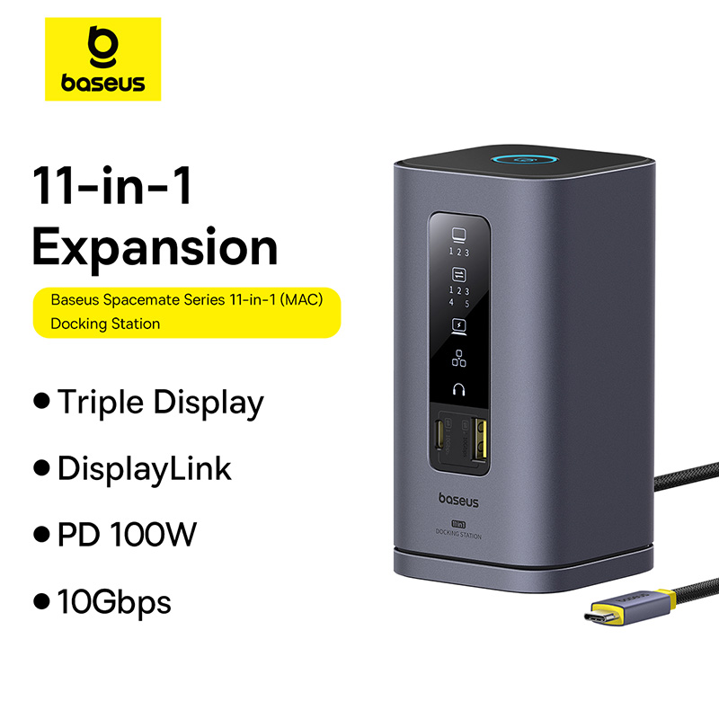 Thiết bị mở rộng hiệu Baseus Spacemate Series 11-in-1 (MAC) - Biến chiếc MacBook của bạn thành một trạm làm việc tối thượng với <strong>Baseus Spacemate Series 11-in-1</strong>. Đây là giải pháp kết nối toàn diện, mở rộng một cổng Type-C thành 11 cổng chức năng mạnh mẽ: 2 cổng HDMI 4K xuất 2 màn hình độc lập, 3 cổng USB 3.2 Gen 2 truyền dữ liệu 10Gbps siêu tốc, mạng LAN Gigabit, đầu đọc thẻ SD/TF, jack 3.5mm và sạc PD 100W. Với thiết kế đứng dọc độc đáo, sản phẩm giúp tiết kiệm không gian bàn làm việc và tản nhiệt hiệu quả. Vỏ nhôm cao cấp, sang trọng, <strong>Baseus Spacemate Series 11-in-1</strong> là trung tâm chỉ huy, giải phóng toàn bộ tiềm năng sáng tạo và hiệu suất làm việc của bạn.