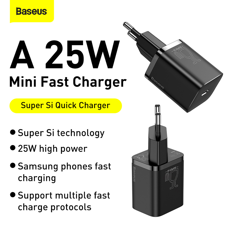 Sạc nhanh hiệu Baseus Super Si 1C 25W EU - Khai phá tối đa tốc độ sạc cho chiếc điện thoại flagship của bạn với củ sạc <strong>Baseus Super Si 1C 25W EU</strong>. Đây là giải pháp năng lượng tối ưu cho các dòng điện thoại Samsung cao cấp, hỗ trợ chuẩn sạc siêu nhanh 25W PPS, giúp nạp đầy pin trong thời gian ngắn nhất. Tích hợp công nghệ SuperSi tiên tiến, củ sạc có kích thước cực kỳ nhỏ gọn, chỉ tương đương củ sạc 5W nhưng mạnh mẽ hơn gấp nhiều lần. Ngoài ra, sản phẩm còn hỗ trợ sạc nhanh PD 20W cho iPhone. An toàn, hiệu quả và siêu di động, <strong>Baseus Super Si 1C 25W EU</strong> là sự nâng cấp hoàn hảo cho trải nghiệm sạc mỗi ngày.