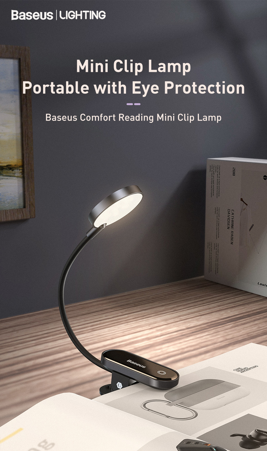 Đèn kẹp đọc sách mini hiệu Baseus Comfort Reading Mini Clip Lamp - Dành cho những tâm hồn yêu sách, đèn kẹp <strong>Baseus Comfort Reading Mini Clip Lamp</strong> là người bạn đồng hành không thể thiếu trong mỗi chuyến phiêu lưu con chữ. Với thiết kế kẹp thông minh, siêu nhẹ và linh hoạt, bạn có thể dễ dàng gắn đèn vào sách, máy đọc sách Kindle hay cạnh bàn. Sản phẩm cung cấp 3 chế độ sáng dịu nhẹ, không nhấp nháy, bảo vệ tối đa cho đôi mắt của bạn, giúp bạn đọc sách hàng giờ mà không mỏi mắt. Pin sạc dung lượng lớn cho thời gian sử dụng lên đến 24 giờ, cùng cổng sạc Type-C hiện đại. Hãy để <strong>Baseus Comfort Reading Mini Clip Lamp</strong> thắp sáng niềm đam mê đọc sách của bạn ở bất cứ đâu, bất cứ lúc nào, mà không làm phiền người xung quanh.