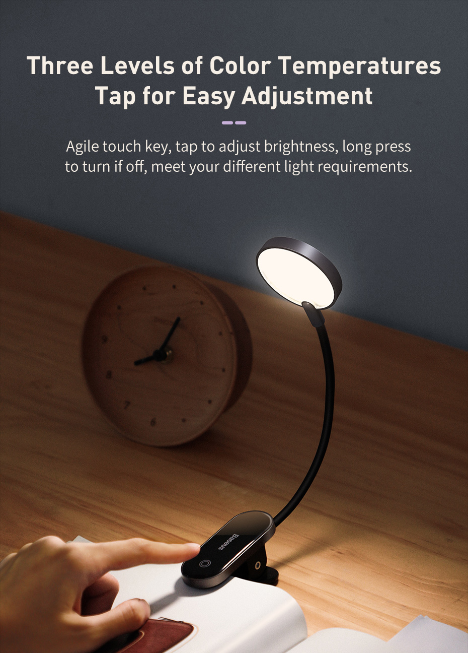 Đèn kẹp đọc sách mini hiệu Baseus Comfort Reading Mini Clip Lamp - Dành cho những tâm hồn yêu sách, đèn kẹp <strong>Baseus Comfort Reading Mini Clip Lamp</strong> là người bạn đồng hành không thể thiếu trong mỗi chuyến phiêu lưu con chữ. Với thiết kế kẹp thông minh, siêu nhẹ và linh hoạt, bạn có thể dễ dàng gắn đèn vào sách, máy đọc sách Kindle hay cạnh bàn. Sản phẩm cung cấp 3 chế độ sáng dịu nhẹ, không nhấp nháy, bảo vệ tối đa cho đôi mắt của bạn, giúp bạn đọc sách hàng giờ mà không mỏi mắt. Pin sạc dung lượng lớn cho thời gian sử dụng lên đến 24 giờ, cùng cổng sạc Type-C hiện đại. Hãy để <strong>Baseus Comfort Reading Mini Clip Lamp</strong> thắp sáng niềm đam mê đọc sách của bạn ở bất cứ đâu, bất cứ lúc nào, mà không làm phiền người xung quanh.