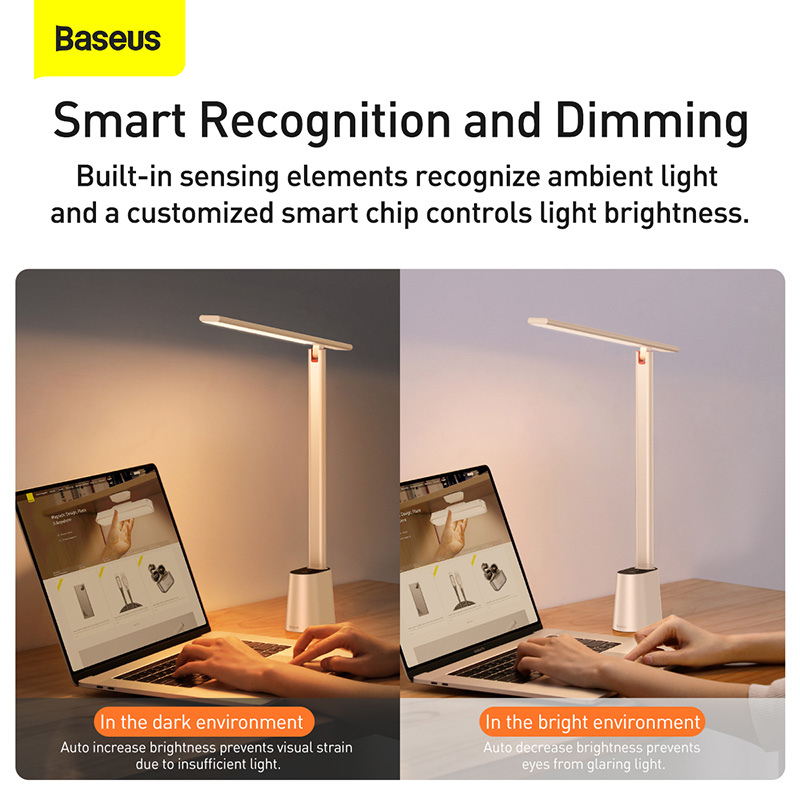 Đèn để bàn đọc sách hiệu Baseus Smart Eye Series Rechargeable Folding (Smart Light) - Bảo vệ đôi mắt của bạn và nâng cao hiệu suất làm việc với đèn bàn thông minh <strong>Baseus Smart Eye Series Rechargeable Folding</strong>. Đây là giải pháp chiếu sáng hoàn hảo cho không gian học tập và làm việc hiện đại, tích hợp công nghệ cảm biến ánh sáng môi trường để tự động điều chỉnh độ sáng phù hợp nhất cho mắt. Với chỉ số hoàn màu siêu cao Ra>95, ánh sáng không nhấp nháy và giảm ánh sáng xanh, sản phẩm tái tạo ánh sáng tự nhiên, chống mỏi mắt hiệu quả. Thiết kế gập gọn linh hoạt cùng pin sạc dung lượng lớn cho phép bạn sử dụng không dây ở bất cứ đâu. Hãy đầu tư vào sức khỏe đôi mắt và một không gian làm việc đẳng cấp với <strong>Baseus Smart Eye Series Rechargeable Folding</strong>.