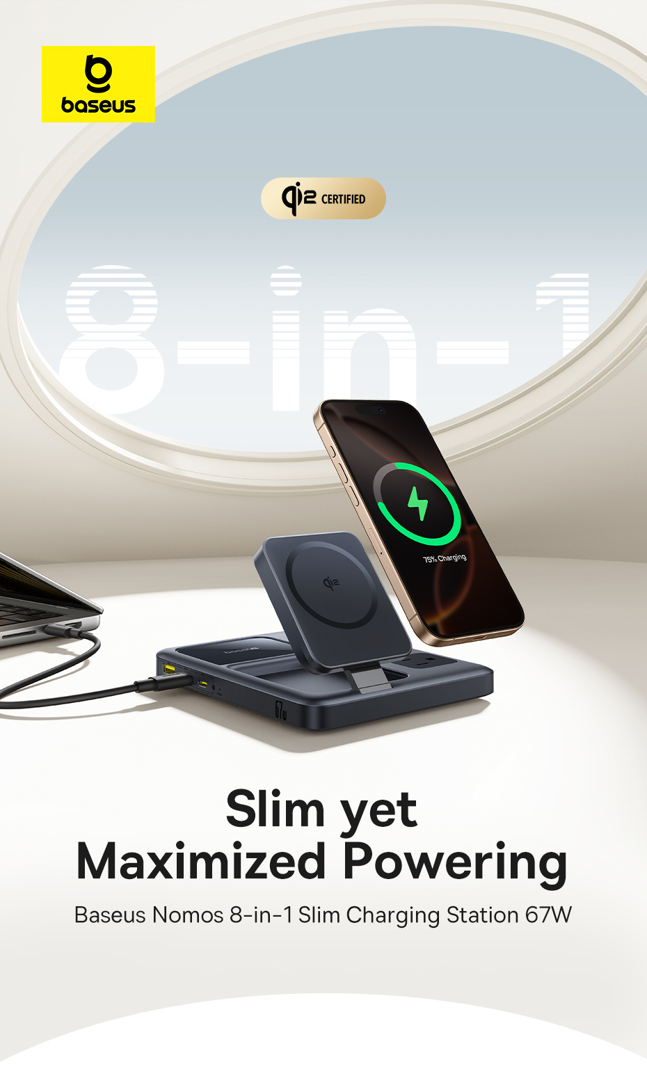 Trạm sạc hiệu Baseus Nomos Qi2 8-in-1 Slim 67W 1.5m US - Dọn dẹp bàn làm việc và đơn giản hóa cuộc sống của bạn với trạm sạc tối thượng <strong>Baseus Nomos Qi2 8-in-1</strong>. Đây là giải pháp năng lượng "tất cả trong một" thay thế toàn bộ ổ cắm và củ sạc của bạn. Với 8 chức năng mạnh mẽ: sạc không dây từ tính Qi2 15W cho iPhone, sạc riêng cho Apple Watch & AirPods, 2 cổng USB-C, 1 cổng USB-A và 2 ổ cắm AC đa năng. Công nghệ GaN 67W cho phép sạc nhanh đồng thời cho cả MacBook, điện thoại và phụ kiện trong một thiết kế "Slim" siêu mỏng, thanh lịch. Hãy đầu tư vào sự ngăn nắp và hiệu suất đỉnh cao với <strong>Baseus Nomos Qi2 8-in-1</strong>.