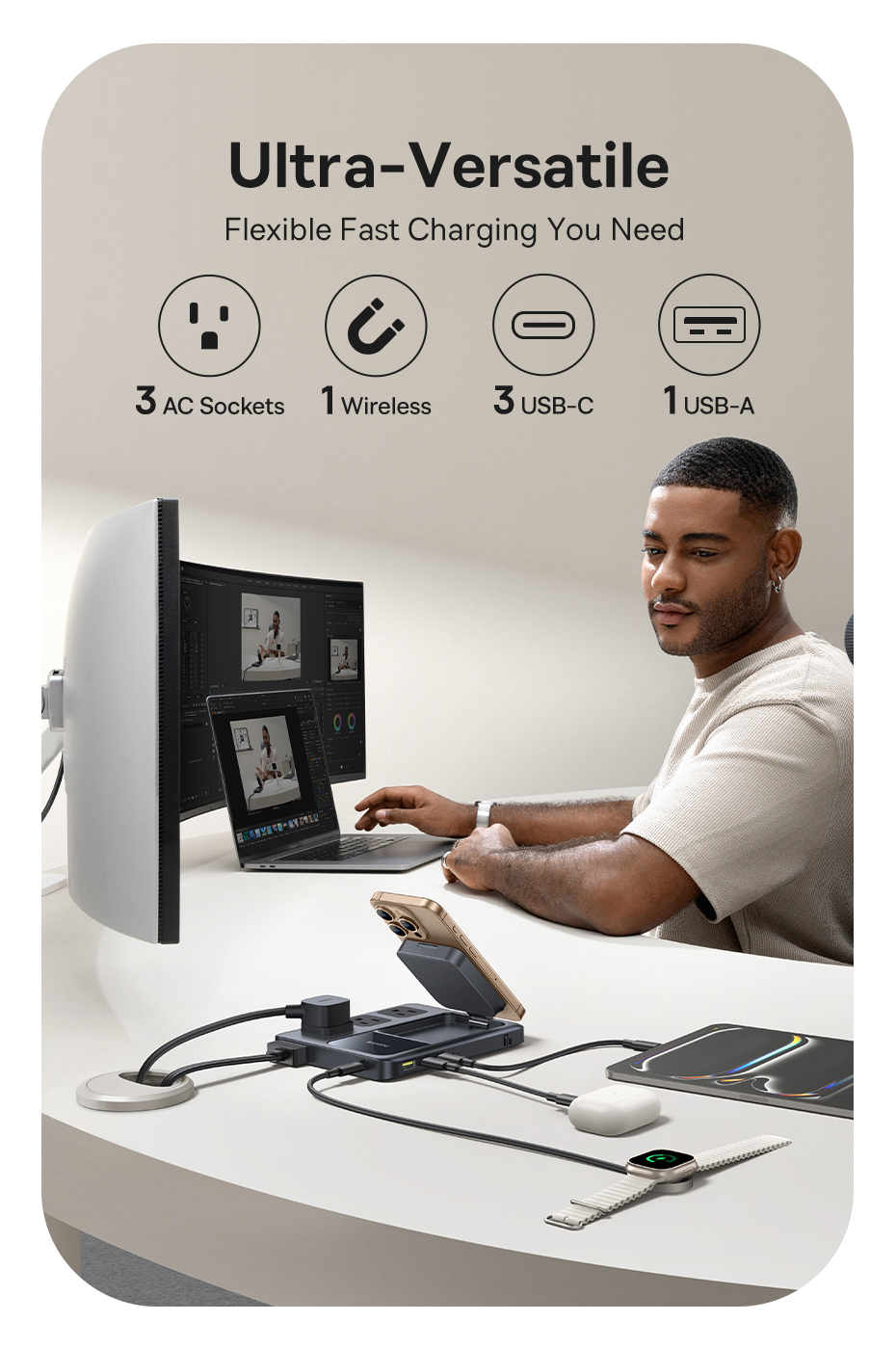 Trạm sạc hiệu Baseus Nomos Qi2 8-in-1 Slim 67W 1.5m US - Dọn dẹp bàn làm việc và đơn giản hóa cuộc sống của bạn với trạm sạc tối thượng <strong>Baseus Nomos Qi2 8-in-1</strong>. Đây là giải pháp năng lượng "tất cả trong một" thay thế toàn bộ ổ cắm và củ sạc của bạn. Với 8 chức năng mạnh mẽ: sạc không dây từ tính Qi2 15W cho iPhone, sạc riêng cho Apple Watch & AirPods, 2 cổng USB-C, 1 cổng USB-A và 2 ổ cắm AC đa năng. Công nghệ GaN 67W cho phép sạc nhanh đồng thời cho cả MacBook, điện thoại và phụ kiện trong một thiết kế "Slim" siêu mỏng, thanh lịch. Hãy đầu tư vào sự ngăn nắp và hiệu suất đỉnh cao với <strong>Baseus Nomos Qi2 8-in-1</strong>.