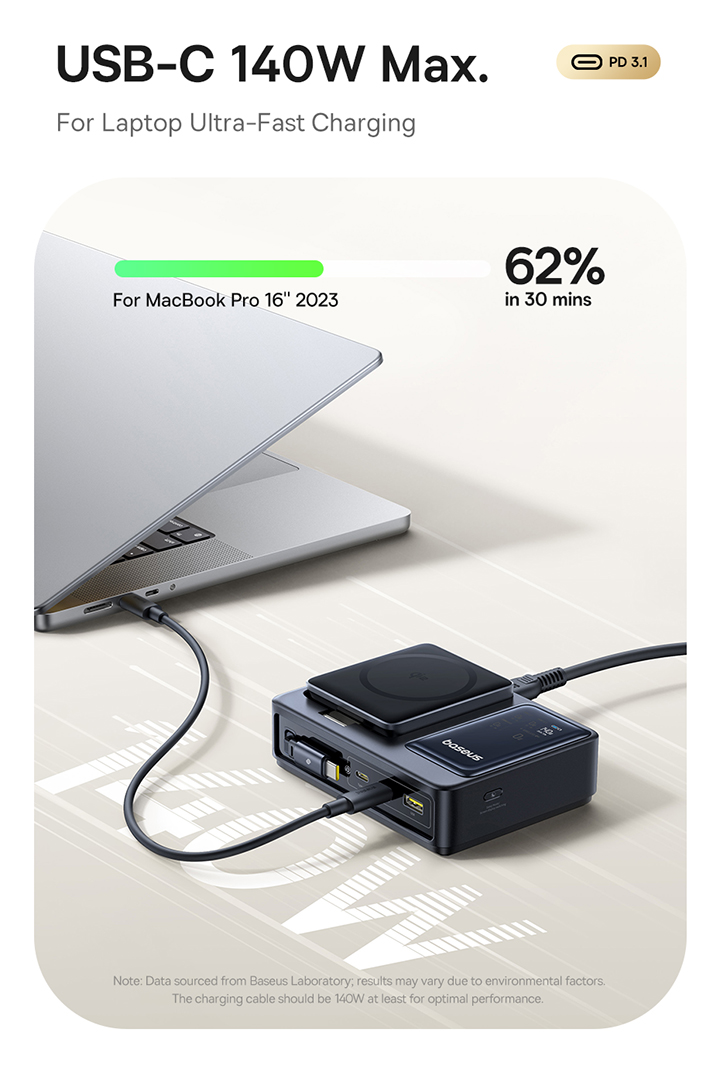Đế sạc đa năng hiệu Baseus Nomos Qi2 5-in-1 with Retractable Cable 140W US - Màu đen - Dọn dẹp hoàn toàn không gian làm việc của bạn với trạm sạc tối thượng <strong>Baseus Nomos Qi2 5-in-1</strong>. Đây là giải pháp năng lượng "tất cả trong một", thay thế 5 củ sạc và mớ dây cáp rối rắm. Trạm sạc cung cấp sạc không dây từ tính chuẩn Qi2 15W cho iPhone, sạc riêng cho Apple Watch và AirPods, một cáp sạc USB-C rút gọn tiện lợi và một cổng USB-C 140W mạnh mẽ. Với công nghệ GaN tiên tiến, sản phẩm có thể sạc nhanh đồng thời cho cả MacBook Pro, iPhone và các phụ kiện khác trong một thiết kế nhỏ gọn, thanh lịch. Hãy đầu tư vào sự tối giản và hiệu suất đỉnh cao với <strong>Baseus Nomos Qi2 5-in-1</strong>.