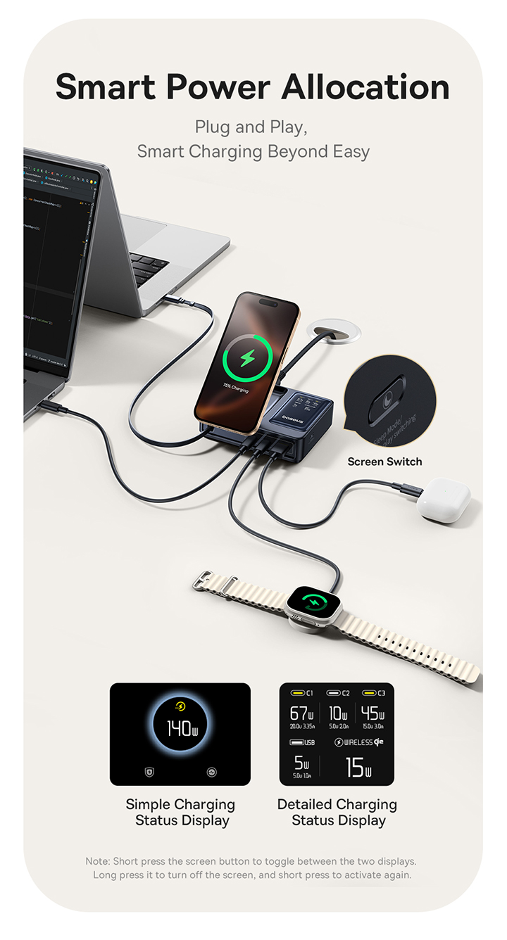 Đế sạc đa năng hiệu Baseus Nomos Qi2 5-in-1 with Retractable Cable 140W US - Màu đen - Dọn dẹp hoàn toàn không gian làm việc của bạn với trạm sạc tối thượng <strong>Baseus Nomos Qi2 5-in-1</strong>. Đây là giải pháp năng lượng "tất cả trong một", thay thế 5 củ sạc và mớ dây cáp rối rắm. Trạm sạc cung cấp sạc không dây từ tính chuẩn Qi2 15W cho iPhone, sạc riêng cho Apple Watch và AirPods, một cáp sạc USB-C rút gọn tiện lợi và một cổng USB-C 140W mạnh mẽ. Với công nghệ GaN tiên tiến, sản phẩm có thể sạc nhanh đồng thời cho cả MacBook Pro, iPhone và các phụ kiện khác trong một thiết kế nhỏ gọn, thanh lịch. Hãy đầu tư vào sự tối giản và hiệu suất đỉnh cao với <strong>Baseus Nomos Qi2 5-in-1</strong>.
