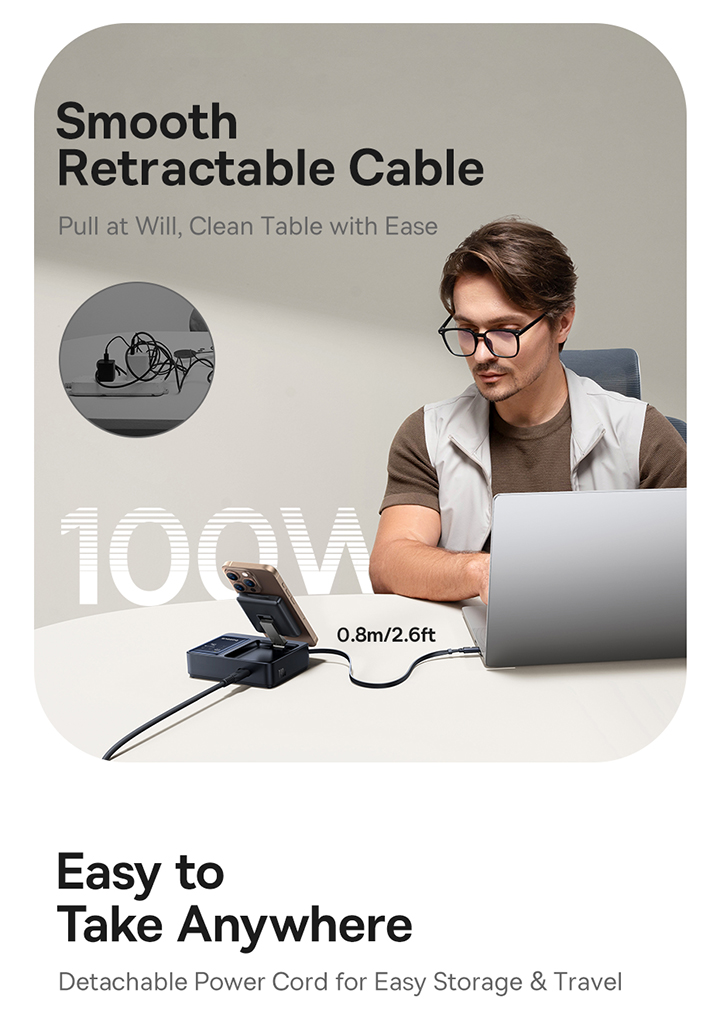 Đế sạc đa năng hiệu Baseus Nomos Qi2 5-in-1 with Retractable Cable 140W US - Màu đen - Dọn dẹp hoàn toàn không gian làm việc của bạn với trạm sạc tối thượng <strong>Baseus Nomos Qi2 5-in-1</strong>. Đây là giải pháp năng lượng "tất cả trong một", thay thế 5 củ sạc và mớ dây cáp rối rắm. Trạm sạc cung cấp sạc không dây từ tính chuẩn Qi2 15W cho iPhone, sạc riêng cho Apple Watch và AirPods, một cáp sạc USB-C rút gọn tiện lợi và một cổng USB-C 140W mạnh mẽ. Với công nghệ GaN tiên tiến, sản phẩm có thể sạc nhanh đồng thời cho cả MacBook Pro, iPhone và các phụ kiện khác trong một thiết kế nhỏ gọn, thanh lịch. Hãy đầu tư vào sự tối giản và hiệu suất đỉnh cao với <strong>Baseus Nomos Qi2 5-in-1</strong>.