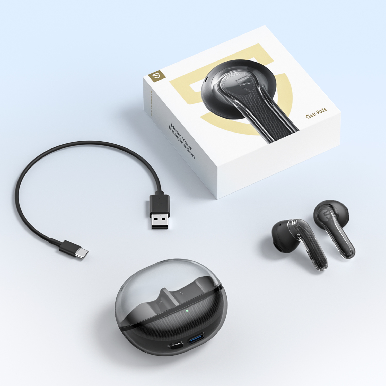 Tai nghe Bluetooth SoundPEATS Clear-Pods, Driver 13mm, ENC, Pin 40H, Bluetooth 5.3, Game Mode, IPX4 - Tai nghe <strong>Bluetooth SoundPEATS Clear-Pods</strong> driver 13mm, âm thanh nổi, ENC với 2 mic cho cuộc gọi rõ nét. Pin 7H (tai nghe), 40H (với hộp sạc), sạc nhanh USB-C. Thiết kế trong suốt, IPX4 chống nước, Bluetooth 5.3, Game Mode 120ms. Tùy chỉnh EQ qua app PeatsAudio. Bảo hành 12 tháng, lý tưởng nghe nhạc, chơi game.
