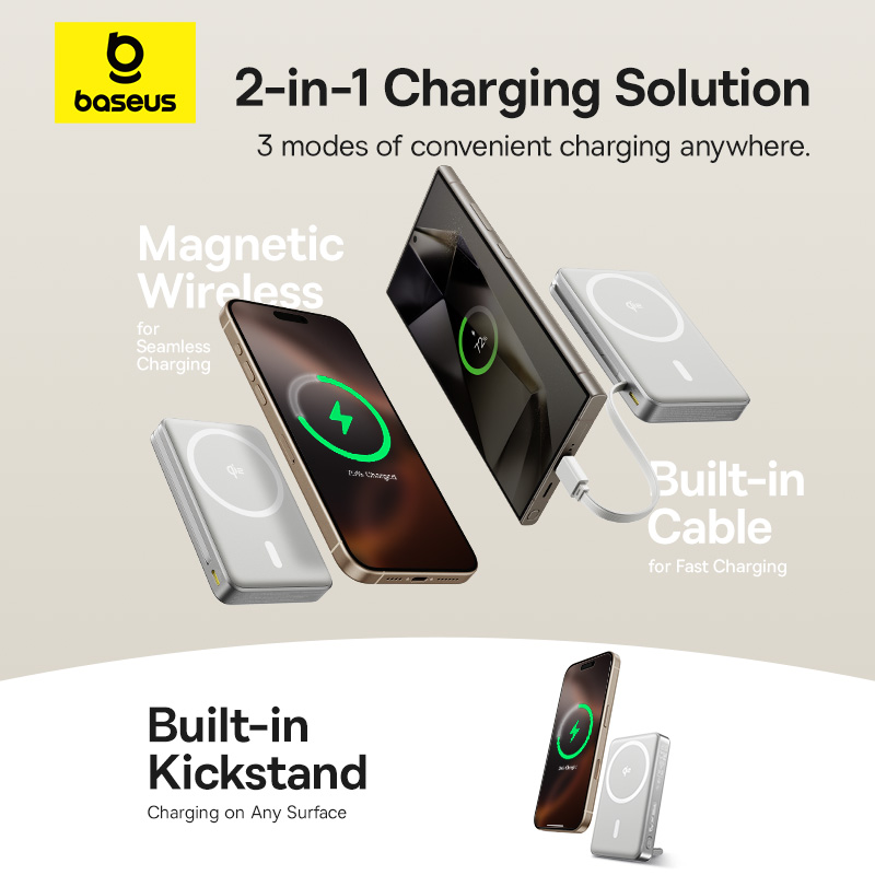 Sạc dự phòng hiệu Baseus Nomos Qi2 3-in-1 Magnetic 10000mAh 45W - Đón đầu tương lai của sạc di động với <strong>Baseus Nomos Qi2 3-in-1 Magnetic 10000mAh 45W</strong>. Đây là giải pháp năng lượng tối thượng, kết hợp sạc không dây từ tính chuẩn Qi2 15W hiệu suất cao và sạc có dây Power Delivery 45W mạnh mẽ, đủ sức sạc nhanh cho cả MacBook. Thiết kế "3 trong 1" thông minh biến nó thành một viên pin di động, một chân đế sạc để bàn thanh lịch và một trạm sạc có dây đa năng. Với dung lượng 10000mAh, màn hình kỹ thuật số và thiết kế cao cấp, <strong>Baseus Nomos Qi2 3-in-1 Magnetic 10000mAh 45W</strong> là người bạn đồng hành hoàn hảo cho người dùng công nghệ đòi hỏi cao nhất về hiệu năng và sự tiện lợi.