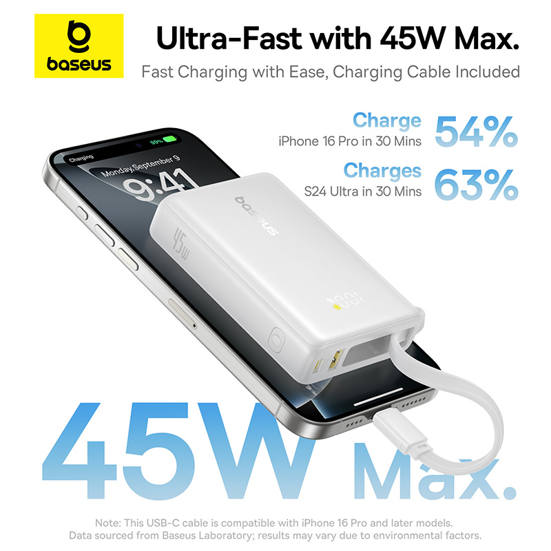 Sạc dự phòng hiệu Baseus PicoGo Digital Display with Built-in USB-C Cable 10000mAh 45W - Khám phá sức mạnh đáng kinh ngạc trong một thân hình siêu nhỏ gọn với <strong>Baseus PicoGo Digital Display</strong>. Đây là cuộc cách mạng trong thế giới sạc dự phòng, mang đến công suất 45W mạnh mẽ, đủ sức sạc nhanh cho cả laptop như MacBook Air, tablet và điện thoại. Với dung lượng 10000mAh và sợi cáp USB-C tích hợp sẵn, bạn sẽ không bao giờ phải lo lắng về việc quên cáp hay hết pin. Màn hình LED kỹ thuật số hiển thị chính xác % pin còn lại, giúp bạn luôn chủ động. Siêu di động, mạnh mẽ và tiện lợi, <strong>Baseus PicoGo Digital Display</strong> là nguồn năng lượng lý tưởng cho người dùng công nghệ năng động, yêu thích sự tối giản.
