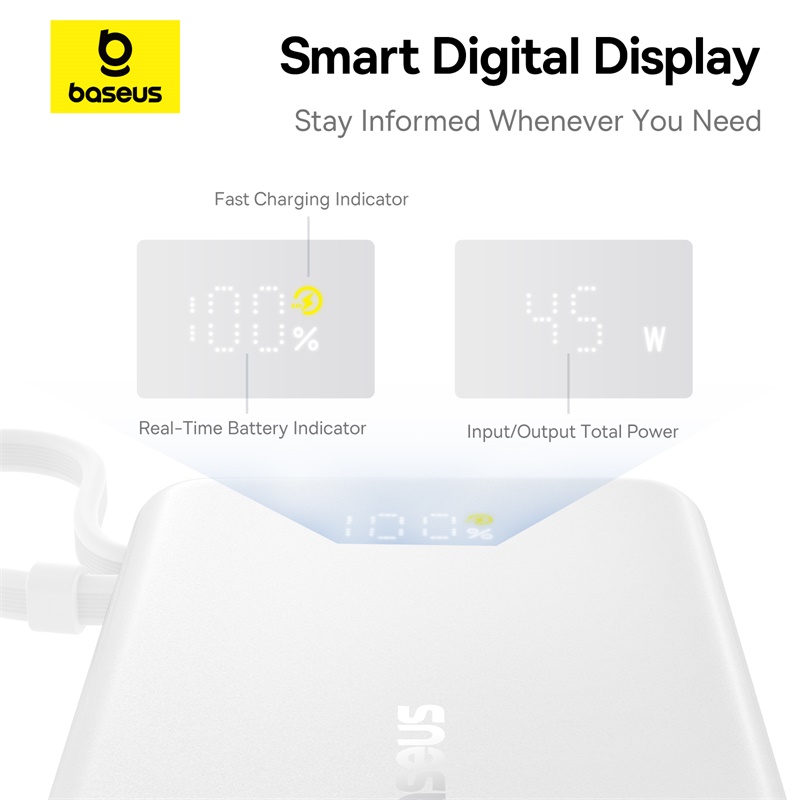 Sạc dự phòng hiệu Baseus PicoGo Digital Display with Built-in USB-C Cable 10000mAh 45W - Khám phá sức mạnh đáng kinh ngạc trong một thân hình siêu nhỏ gọn với <strong>Baseus PicoGo Digital Display</strong>. Đây là cuộc cách mạng trong thế giới sạc dự phòng, mang đến công suất 45W mạnh mẽ, đủ sức sạc nhanh cho cả laptop như MacBook Air, tablet và điện thoại. Với dung lượng 10000mAh và sợi cáp USB-C tích hợp sẵn, bạn sẽ không bao giờ phải lo lắng về việc quên cáp hay hết pin. Màn hình LED kỹ thuật số hiển thị chính xác % pin còn lại, giúp bạn luôn chủ động. Siêu di động, mạnh mẽ và tiện lợi, <strong>Baseus PicoGo Digital Display</strong> là nguồn năng lượng lý tưởng cho người dùng công nghệ năng động, yêu thích sự tối giản.