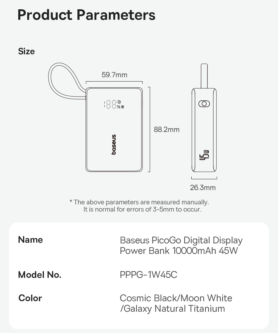 Sạc dự phòng hiệu Baseus PicoGo Digital Display with Built-in USB-C Cable 10000mAh 45W - Khám phá sức mạnh đáng kinh ngạc trong một thân hình siêu nhỏ gọn với <strong>Baseus PicoGo Digital Display</strong>. Đây là cuộc cách mạng trong thế giới sạc dự phòng, mang đến công suất 45W mạnh mẽ, đủ sức sạc nhanh cho cả laptop như MacBook Air, tablet và điện thoại. Với dung lượng 10000mAh và sợi cáp USB-C tích hợp sẵn, bạn sẽ không bao giờ phải lo lắng về việc quên cáp hay hết pin. Màn hình LED kỹ thuật số hiển thị chính xác % pin còn lại, giúp bạn luôn chủ động. Siêu di động, mạnh mẽ và tiện lợi, <strong>Baseus PicoGo Digital Display</strong> là nguồn năng lượng lý tưởng cho người dùng công nghệ năng động, yêu thích sự tối giản.