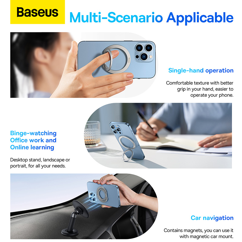 Giá đỡ vòng kim loại hiệu Baseus Halo Series Foldable Metal Ring (Single-ring) - Trải nghiệm sự tiện lợi và phong cách tối thượng với giá đỡ <strong>Baseus Halo Series Foldable Metal Ring</strong>. Đây là giải pháp 3-trong-1 hoàn hảo: giúp bạn cầm nắm điện thoại chắc chắn hơn, chống rơi vỡ; làm chân đế rảnh tay để xem phim, video call; và tương thích với các loại giá đỡ từ tính trên ô tô. Được chế tác từ hợp kim kẽm cao cấp, sản phẩm có thiết kế siêu mỏng, có thể gấp gọn hoàn toàn vào mặt lưng, không gây cộm khi đút túi. Vòng xoay 360° và gập 180° linh hoạt giúp bạn điều chỉnh mọi góc nhìn. Nâng tầm trải nghiệm sử dụng smartphone của bạn với <strong>Baseus Halo Series Foldable Metal Ring</strong> - một phụ kiện nhỏ gọn nhưng đầy quyền năng.
