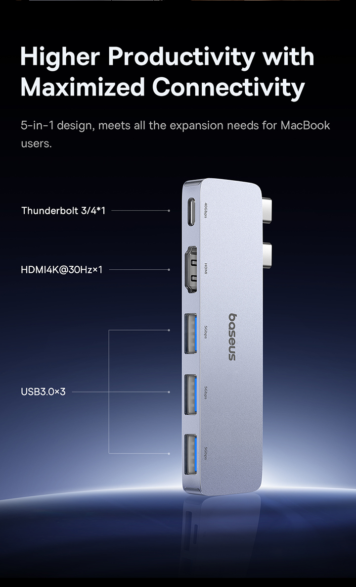 Thiết bị mở rộng hiệu Baseus UltraJoy Series 5-Port (Direct-Link Type) (USB-C*2 to USB-C 40Gbps*1+HDMI 4K@30Hz*1+USB3.0*3) - Tối ưu hóa sức mạnh kết nối cho MacBook của bạn với hub <strong>Baseus UltraJoy Series 5-Port</strong>. Được thiết kế với kiểu dáng cắm trực tiếp (Direct-Link) liền mạch, hub biến 2 cổng Type-C thành 5 cổng hiệu năng cao mà không cần dây cáp. Điểm nổi bật là khả năng giữ nguyên một cổng Thunderbolt tốc độ 40Gbps, cho phép bạn sạc nhanh 100W, xuất video 5K/6K và truyền dữ liệu siêu tốc. Cùng với đó là 3 cổng USB 3.0 và 1 cổng HDMI 4K. Vỏ nhôm cao cấp, sang trọng, <strong>Baseus UltraJoy Series 5-Port</strong> là bản nâng cấp hoàn hảo cho người dùng chuyên nghiệp cần kết nối nhiều thiết bị ngoại vi cùng lúc, mang lại trải nghiệm làm việc đỉnh cao.