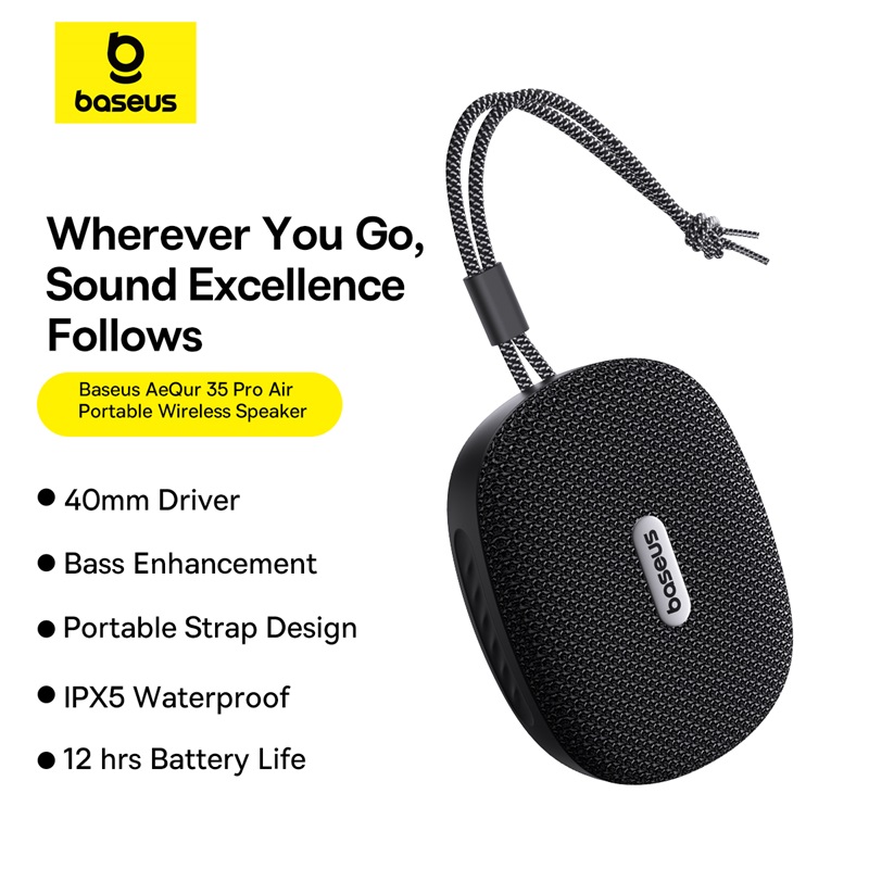 Loa bluetooth hiệu Baseus AeQur 35 Pro Air Portable - Mang âm nhạc đỉnh cao đến mọi nơi với loa Bluetooth di động <strong>Baseus AeQur 35 Pro</strong>. Với thiết kế "Air Portable" siêu nhỏ gọn và dây đeo tiện lợi, đây là người bạn đồng hành lý tưởng cho mọi chuyến đi. Đừng để kích thước đánh lừa bạn, loa mang đến chất âm 360° mạnh mẽ, sống động với dải bass uy lực nhờ công nghệ âm thanh tiên tiến. Chuẩn chống nước IPX5 giúp bạn tự tin sử dụng ngoài trời mà không lo mưa hay tia nước bắn. Kết nối hai loa với chế độ TWS để nhân đôi sức mạnh, tạo nên một sân khấu âm thanh thực thụ. Với thời lượng pin dài, <strong>Baseus AeQur 35 Pro</strong> sẵn sàng cho mọi cuộc vui, mọi hành trình của bạn.