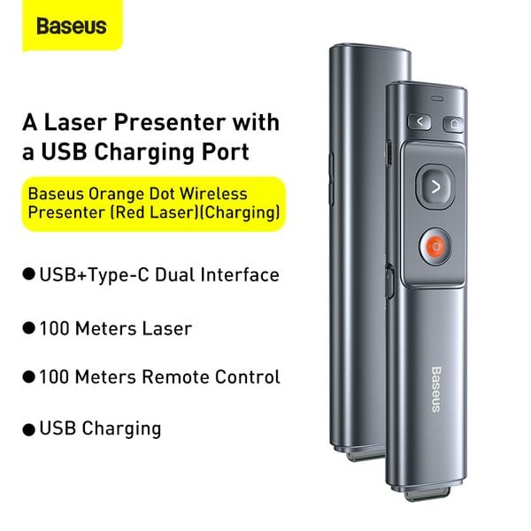 Bút Trình Chiếu Baseus Orange Dot Wireless Presenter (Red Laser) - Nâng tầm chuyên nghiệp cho mọi bài thuyết trình với bút trình chiếu <strong>Baseus Orange Dot Wireless Presenter (Red Laser)</strong>. Được thiết kế tối giản và tinh tế, sản phẩm cho phép bạn điều khiển slide một cách mượt mà từ khoảng cách lên đến 100m. Tia laser màu đỏ rõ nét giúp bạn dễ dàng thu hút và định hướng sự chú ý của khán giả vào những điểm quan trọng. Điểm độc đáo nhất là đầu thu 2 trong 1, tích hợp cả cổng USB-A và Type-C, tương thích với mọi loại laptop từ cũ đến mới nhất mà không cần adapter. Với thiết kế cắm là chạy, <strong>Baseus Orange Dot Wireless Presenter (Red Laser)</strong> là công cụ không thể thiếu cho các giảng viên, doanh nhân và bất kỳ ai muốn làm chủ không gian và truyền tải thông điệp một cách tự tin, ấn tượng.