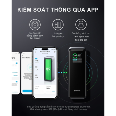 Pin Dự Phòng Anker A1340 – Pin Dự Phòng Anker Prime 27650mah 250W, điều khiển qua app, PD 140W, dành cho laptop, điện thoại A1340 - <strong>Pin Sạc Dự Phòng Anker Prime A1340</strong> dung lượng 27.650mAh, công suất 250W, hỗ trợ sạc nhanh PD 3.1 140W cho laptop, MacBook, iPhone, Samsung. Tích hợp 2 cổng USB-C, 1 cổng USB-A và app điều khiển thông minh. <strong>A1340</strong> thiết kế nhỏ gọn, màn hình hiển thị, lý tưởng cho du lịch.