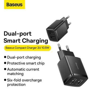 Củ sạc hiệu Baseus Compact 2U 10.5W EU - Đơn giản hóa việc sạc pin hàng ngày của bạn với củ sạc <strong>Baseus Compact 2U 10.5W EU</strong>. Với thiết kế siêu nhỏ gọn, chỉ tương đương một hộp đựng tai nghe, củ sạc này là giải pháp hoàn hảo để tiết kiệm không gian và mang theo khi đi du lịch. Trang bị 2 cổng USB-A tiện lợi, bạn có thể sạc đồng thời 2 thiết bị như điện thoại và tai nghe không dây một cách dễ dàng. Công suất 10.5W được phân bổ thông minh, đảm bảo dòng sạc ổn định và hiệu quả. Chip bảo vệ đa tầng tích hợp giúp ngăn ngừa các nguy cơ quá dòng, quá nhiệt, đảm bảo an toàn tuyệt đối cho thiết bị của bạn. Chọn ngay <strong>Baseus Compact 2U 10.5W EU</strong> cho một cuộc sống gọn gàng và tiện lợi.