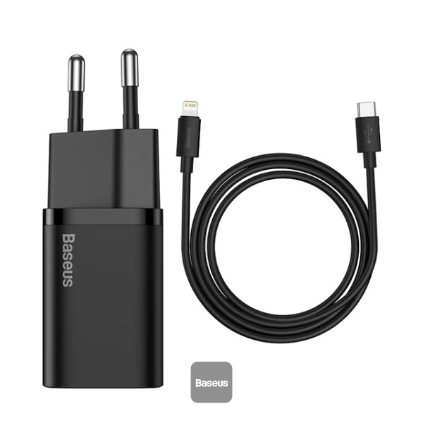 Baseus Super Si Quick Charger 1C 20W EU Sets Black (With Baseus Simple Wisdom Data Cable Type