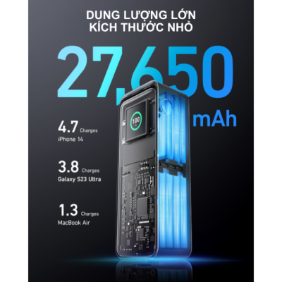 Pin Dự Phòng Anker A1340 – Pin Dự Phòng Anker Prime 27650mah 250W, điều khiển qua app, PD 140W, dành cho laptop, điện thoại A1340 - <strong>Pin Sạc Dự Phòng Anker Prime A1340</strong> dung lượng 27.650mAh, công suất 250W, hỗ trợ sạc nhanh PD 3.1 140W cho laptop, MacBook, iPhone, Samsung. Tích hợp 2 cổng USB-C, 1 cổng USB-A và app điều khiển thông minh. <strong>A1340</strong> thiết kế nhỏ gọn, màn hình hiển thị, lý tưởng cho du lịch.