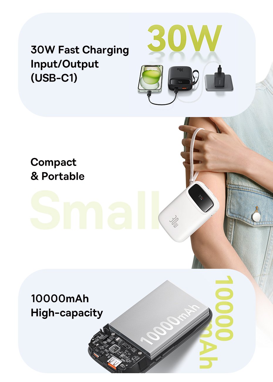 Sạc dự phòng hiệu Baseus QPow 2 Digital Display Fast-Charging 10000mAh 30W - Trải nghiệm sự cân bằng hoàn hảo giữa sức mạnh và tính di động với sạc dự phòng <strong>Baseus QPow 2</strong> 10000mAh 30W. Đây là giải pháp năng lượng tối ưu cho người dùng năng động, nổi bật với sợi cáp sạc nhanh tích hợp sẵn, loại bỏ hoàn toàn nỗi lo quên mang theo cáp. Công suất 30W mạnh mẽ cho phép sạc nhanh không chỉ cho điện thoại mà còn cho cả iPad và tablet. Với dung lượng 10000mAh lý tưởng cho việc sử dụng hàng ngày và màn hình LED kỹ thuật số, bạn sẽ luôn chủ động. Siêu nhỏ gọn, đa năng và mạnh mẽ, <strong>Baseus QPow 2</strong> là người bạn đồng hành không thể thiếu mỗi ngày.