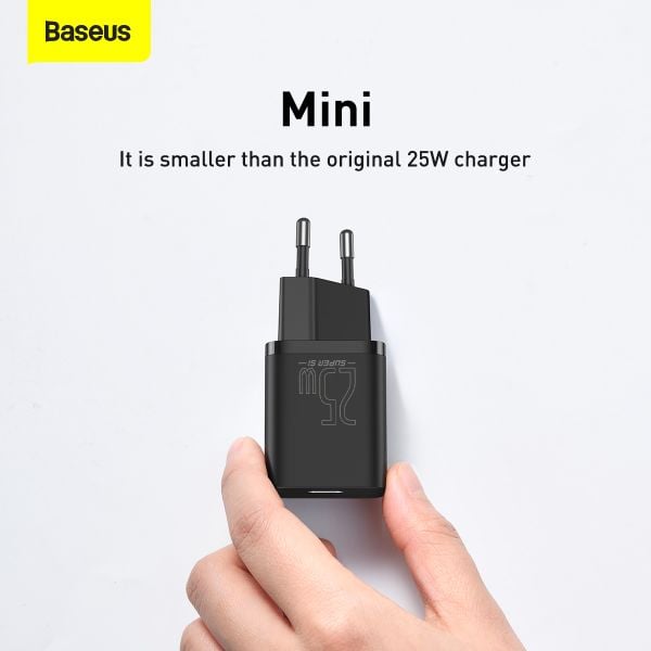 Bộ Sạc Nhanh Baseus Super Si 1C 25W EU - Hỗ Trợ Samsung Super Fast Charging, Kèm Cáp Type-C - Khai phóng tốc độ sạc tối đa cho điện thoại Samsung của bạn với bộ sạc nhanh <strong>Baseus Super Si 1C 25W EU</strong>. Được trang bị công nghệ Super Si (Super Silicon) tiên tiến, củ sạc có kích thước siêu nhỏ gọn nhưng lại sở hữu công suất 25W mạnh mẽ, hỗ trợ đầy đủ giao thức PPS để kích hoạt chế độ "Super Fast Charging" cho các dòng Samsung Galaxy. Sạc 60% pin cho Galaxy S22 chỉ trong 30 phút. Công nghệ kiểm soát nhiệt độ thông minh đảm bảo sạc nhanh nhưng luôn mát mẻ và an toàn. Bộ sản phẩm đi kèm sẵn cáp sạc Type-C to Type-C 1m chất lượng cao, tạo thành giải pháp toàn diện, mua là dùng ngay. Chọn <strong>Baseus Super Si 1C 25W EU</strong> để trải nghiệm tốc độ sạc đỉnh cao.