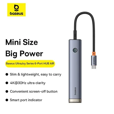 Thiết bị mở rộng hiệu Baseus UltraJoy Series 6-Port HUB AIR (TYPE-C TO 1 HDMI 4K@30HZ + 2 USB 3.0 + 1 USB 2.0 + 1 TYPE-C 3.0 + 1 PD) - Giải phóng sức mạnh kết nối của laptop với hub chuyển đổi <strong>Baseus UltraJoy Series 6-Port HUB AIR</strong>. Đây là giải pháp "tất cả trong một" dành cho người dùng MacBook và laptop Type-C, giúp bạn giải quyết triệt để tình trạng thiếu hụt cổng kết nối. Với 6 cổng chức năng: HDMI xuất hình ảnh 4K@30Hz sắc nét, 2 cổng USB 3.0 truyền dữ liệu nhanh, 1 cổng USB 2.0 ổn định cho phụ kiện và cổng sạc PD 100W mạnh mẽ. Thiết kế "Air" siêu mỏng nhẹ từ hợp kim nhôm cao cấp, <strong>Baseus UltraJoy Series 6-Port HUB AIR</strong> không chỉ bền bỉ mà còn vô cùng di động, là người bạn đồng hành lý tưởng cho công việc và giải trí mọi lúc mọi nơi.