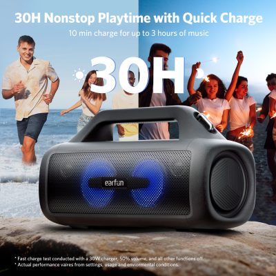 Loa Bluetooth Earfun Uboom X - Trải nghiệm sức mạnh âm thanh toàn diện với loa Bluetooth <strong>Earfun Uboom X</strong>. Được thiết kế để trở thành chiếc loa tất cả trong một, sản phẩm mang đến âm thanh 360° sống động với công suất 80W bùng nổ và công nghệ XBass độc quyền cho âm trầm sâu lắng. Thắp sáng mọi không gian với hệ thống đèn LED RGB tùy chỉnh, đồng bộ theo điệu nhạc. Với thiết kế siêu bền, chuẩn chống nước IP67, thời lượng pin 30 giờ cùng chức năng sạc dự phòng, <strong>Earfun Uboom X</strong> là người bạn đồng hành lý tưởng cho mọi bữa tiệc, mọi chuyến phiêu lưu, từ trong nhà ra đến ngoài trời.