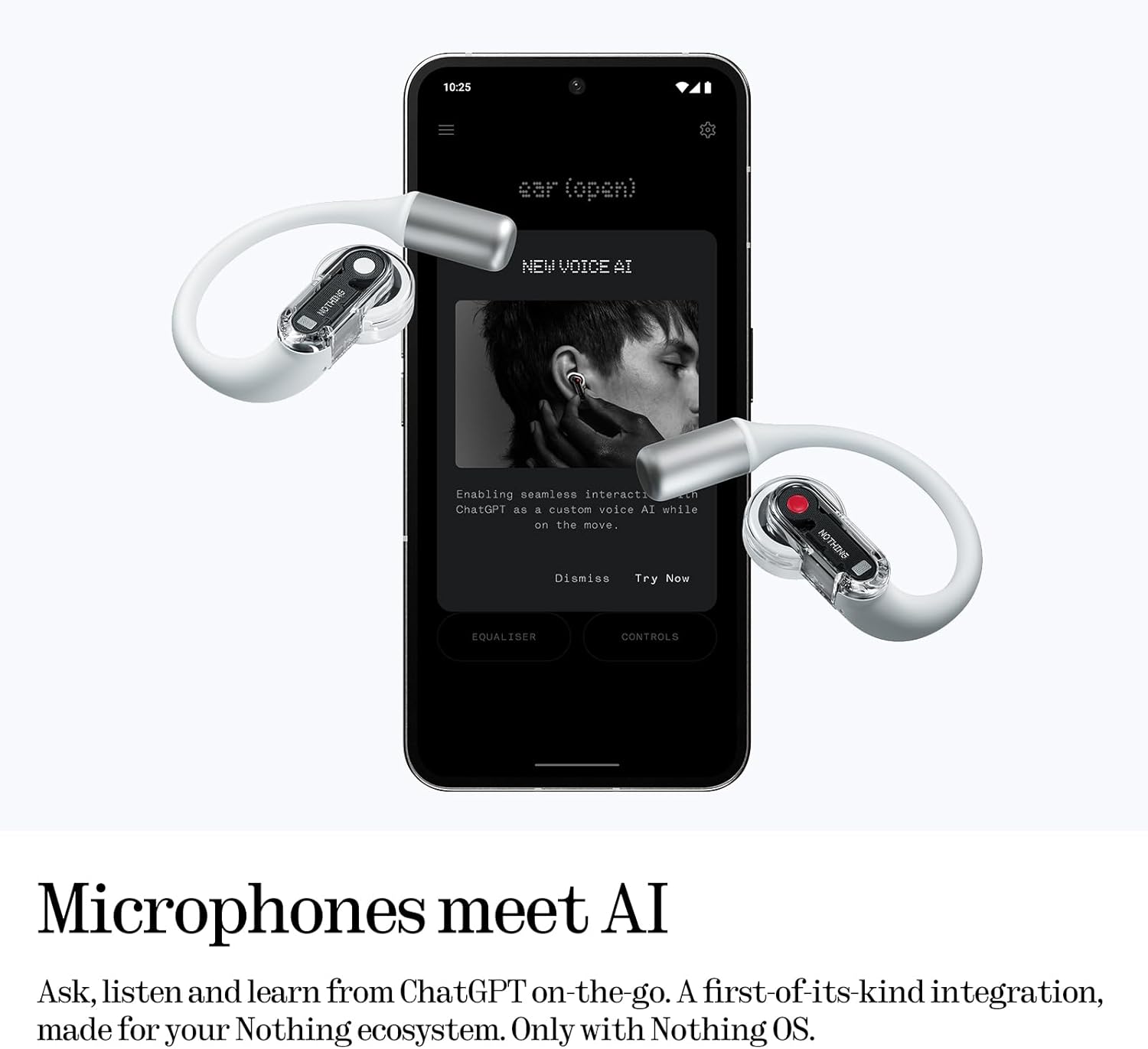 Tai nghe Bluetooth Nothing Ear (Open) B182, Thiết Kế Mở, Driver 14.2mm, Pin 30H, ChatGPT, IP54 - Tai nghe <strong>Nothing Ear (Open) B182</strong> với công nghệ <strong>B182,</strong> thiết kế mở, driver 14.2mm phủ titan, âm thanh rõ nét, tích hợp ChatGPT. Pin 8H (tai nghe), 30H (với hộp sạc), sạc nhanh 10 phút cho 2H. Bluetooth 5.3, 6 mic Clear Voice 2.0, IP54 chống nước. Tùy chỉnh qua app Nothing X, phù hợp thể thao, du lịch. Bảo hành 12 tháng.