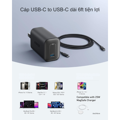 Bộ Sạc Nhanh Anker B2679 100W Kèm Cáp USB-C, Công Nghệ GaNPrime - Sạc Tối Ưu Cho MacBook, Laptop, Điện Thoại | Chính Hãng - Tạm biệt mớ củ sạc lộn xộn và tốc độ sạc chậm chạp với bộ sạc nhanh <strong>Anker B2679</strong> - giải pháp năng lượng toàn diện cho mọi thiết bị của bạn. Với công suất đầu ra lên đến 100W mạnh mẽ, sản phẩm dễ dàng sạc đầy năng lượng cho cả MacBook Pro, laptop Windows, máy tính bảng và điện thoại chỉ trong thời gian ngắn nhất. Được trang bị công nghệ GaNPrime tiên tiến, bộ sạc <strong>Anker B2679</strong> không chỉ siêu nhỏ gọn mà còn hoạt động mát mẻ, hiệu quả và cực kỳ an toàn nhờ hệ thống ActiveShield™ 2.0. Đi kèm cáp sạc 100W chất lượng cao, đây là combo hoàn hảo để bạn tối giản không gian làm việc và luôn sẵn sàng cho mọi tác vụ. Nâng cấp trải nghiệm sạc của bạn ngay hôm nay!