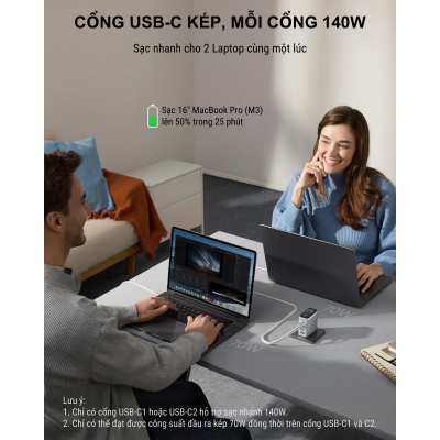 Sạc Anker Zolo 140W B2697 GaN - 3 Cổng USB-C, 1 Cổng USB-A, Màn Hình LED Thông Minh, Power Delivery 3.1 | Anker Zolo 140W B2697 Chính Hãng - Giải phóng sức mạnh sạc tối thượng với bộ sạc <strong>Anker Zolo 140W B2697</strong> GaNPrime™. Sở hữu công suất khổng lồ 140W và 3 cổng USB-C, đây là trạm sạc di động mạnh mẽ nhất, có khả năng sạc đồng thời 3 thiết bị, bao gồm cả MacBook Pro 16", iPad và iPhone với tốc độ chóng mặt. Điểm nhấn độc đáo là màn hình LED thông minh hiển thị công suất sạc real-time, giúp bạn kiểm soát năng lượng trong tầm tay. Công nghệ ActiveShield™ 2.0 đảm bảo an toàn tuyệt đối. <strong>Điểm nổi bật:</strong> <strong>Công suất 140W:</strong> Hỗ trợ chuẩn PD 3.1, sạc siêu nhanh cho laptop. <ul> <li><strong>3 Cổng USB-C:</strong> Sạc cùng lúc laptop, máy tính bảng và điện thoại.</li> <li><strong>Màn hình LED độc đáo:</strong> Theo dõi trực quan công suất sạc của từng cổng.</li> <li><strong>Công nghệ GaNPrime™:</strong> Hiệu suất cao, mát mẻ và kích thước nhỏ gọn.</li> </ul> Trọn bộ sản phẩm <strong>Anker Zolo 140W B2697</strong> đi kèm cáp C to C 140W. Cam kết chính hãng, bảo hành 18 tháng. Nâng tầm trải nghiệm sạc của bạn ngay hôm nay!
