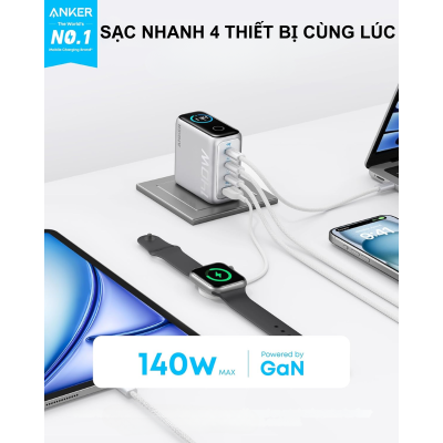 Sạc Anker Zolo 140W B2697 GaN - 3 Cổng USB-C, 1 Cổng USB-A, Màn Hình LED Thông Minh, Power Delivery 3.1 | Anker Zolo 140W B2697 Chính Hãng - Giải phóng sức mạnh sạc tối thượng với bộ sạc <strong>Anker Zolo 140W B2697</strong> GaNPrime™. Sở hữu công suất khổng lồ 140W và 3 cổng USB-C, đây là trạm sạc di động mạnh mẽ nhất, có khả năng sạc đồng thời 3 thiết bị, bao gồm cả MacBook Pro 16", iPad và iPhone với tốc độ chóng mặt. Điểm nhấn độc đáo là màn hình LED thông minh hiển thị công suất sạc real-time, giúp bạn kiểm soát năng lượng trong tầm tay. Công nghệ ActiveShield™ 2.0 đảm bảo an toàn tuyệt đối. <strong>Điểm nổi bật:</strong> <strong>Công suất 140W:</strong> Hỗ trợ chuẩn PD 3.1, sạc siêu nhanh cho laptop. <ul> <li><strong>3 Cổng USB-C:</strong> Sạc cùng lúc laptop, máy tính bảng và điện thoại.</li> <li><strong>Màn hình LED độc đáo:</strong> Theo dõi trực quan công suất sạc của từng cổng.</li> <li><strong>Công nghệ GaNPrime™:</strong> Hiệu suất cao, mát mẻ và kích thước nhỏ gọn.</li> </ul> Trọn bộ sản phẩm <strong>Anker Zolo 140W B2697</strong> đi kèm cáp C to C 140W. Cam kết chính hãng, bảo hành 18 tháng. Nâng tầm trải nghiệm sạc của bạn ngay hôm nay!