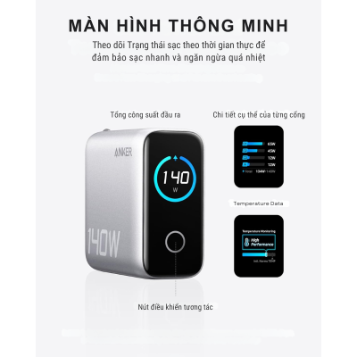 Sạc Anker Zolo 140W B2697 GaN - 3 Cổng USB-C, 1 Cổng USB-A, Màn Hình LED Thông Minh, Power Delivery 3.1 | Anker Zolo 140W B2697 Chính Hãng - Giải phóng sức mạnh sạc tối thượng với bộ sạc <strong>Anker Zolo 140W B2697</strong> GaNPrime™. Sở hữu công suất khổng lồ 140W và 3 cổng USB-C, đây là trạm sạc di động mạnh mẽ nhất, có khả năng sạc đồng thời 3 thiết bị, bao gồm cả MacBook Pro 16", iPad và iPhone với tốc độ chóng mặt. Điểm nhấn độc đáo là màn hình LED thông minh hiển thị công suất sạc real-time, giúp bạn kiểm soát năng lượng trong tầm tay. Công nghệ ActiveShield™ 2.0 đảm bảo an toàn tuyệt đối. <strong>Điểm nổi bật:</strong> <strong>Công suất 140W:</strong> Hỗ trợ chuẩn PD 3.1, sạc siêu nhanh cho laptop. <ul> <li><strong>3 Cổng USB-C:</strong> Sạc cùng lúc laptop, máy tính bảng và điện thoại.</li> <li><strong>Màn hình LED độc đáo:</strong> Theo dõi trực quan công suất sạc của từng cổng.</li> <li><strong>Công nghệ GaNPrime™:</strong> Hiệu suất cao, mát mẻ và kích thước nhỏ gọn.</li> </ul> Trọn bộ sản phẩm <strong>Anker Zolo 140W B2697</strong> đi kèm cáp C to C 140W. Cam kết chính hãng, bảo hành 18 tháng. Nâng tầm trải nghiệm sạc của bạn ngay hôm nay!